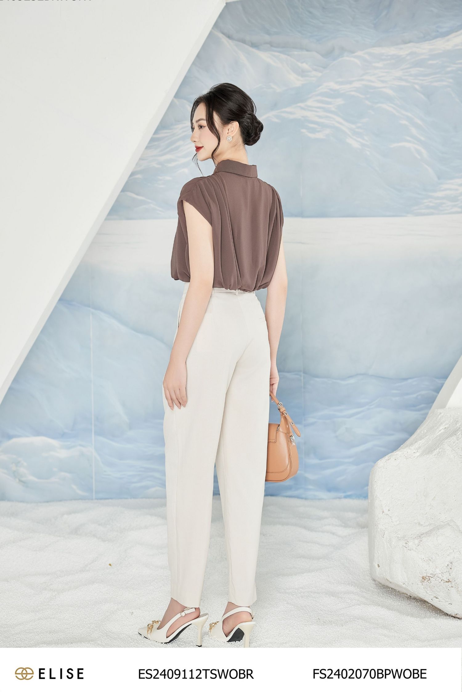 SM CHIFFON NÂU XẾP LY VAI CHUN GẤU