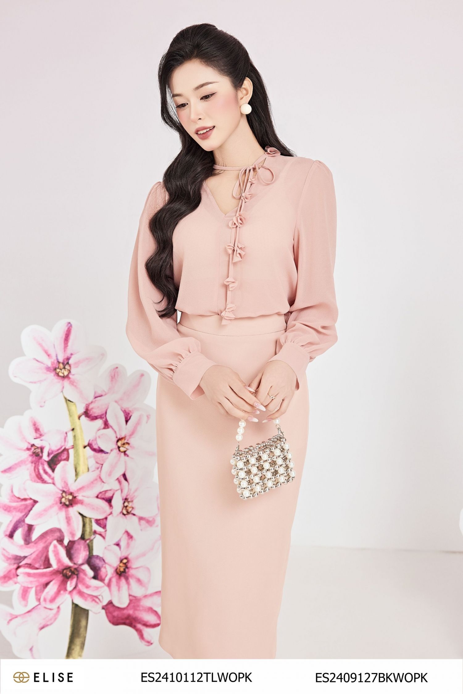 ÁO CHIFFON HỒNG NUDE CỔ V