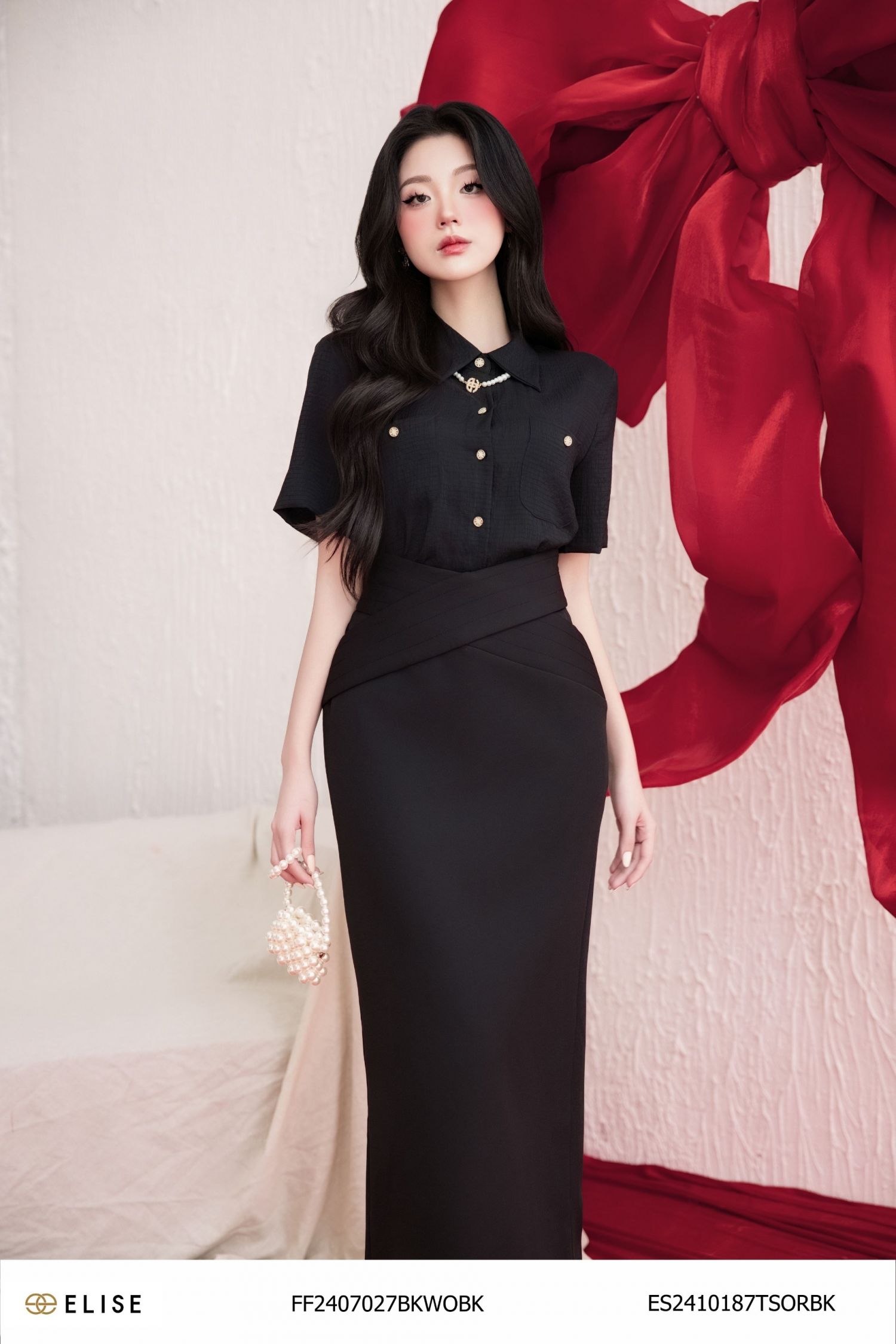 JUPE DÀI ĐEN CẠP CHÉO DIỄU CHỈ