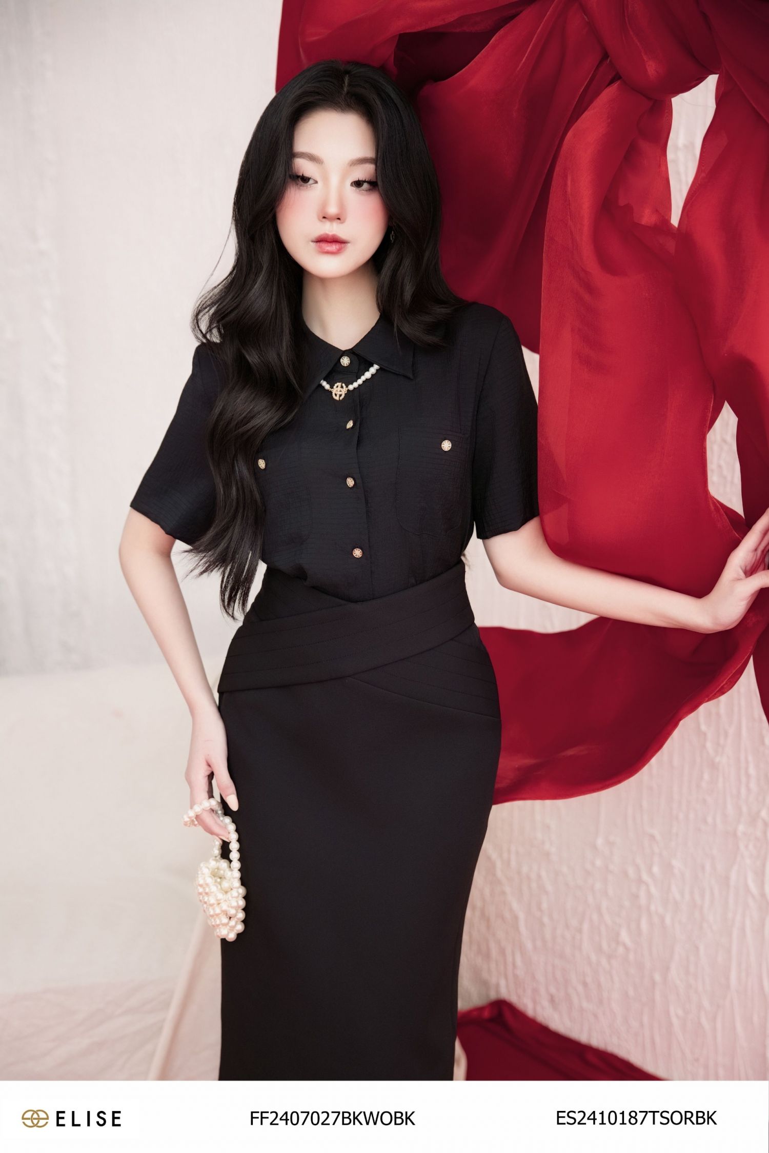 JUPE DÀI ĐEN CẠP CHÉO DIỄU CHỈ