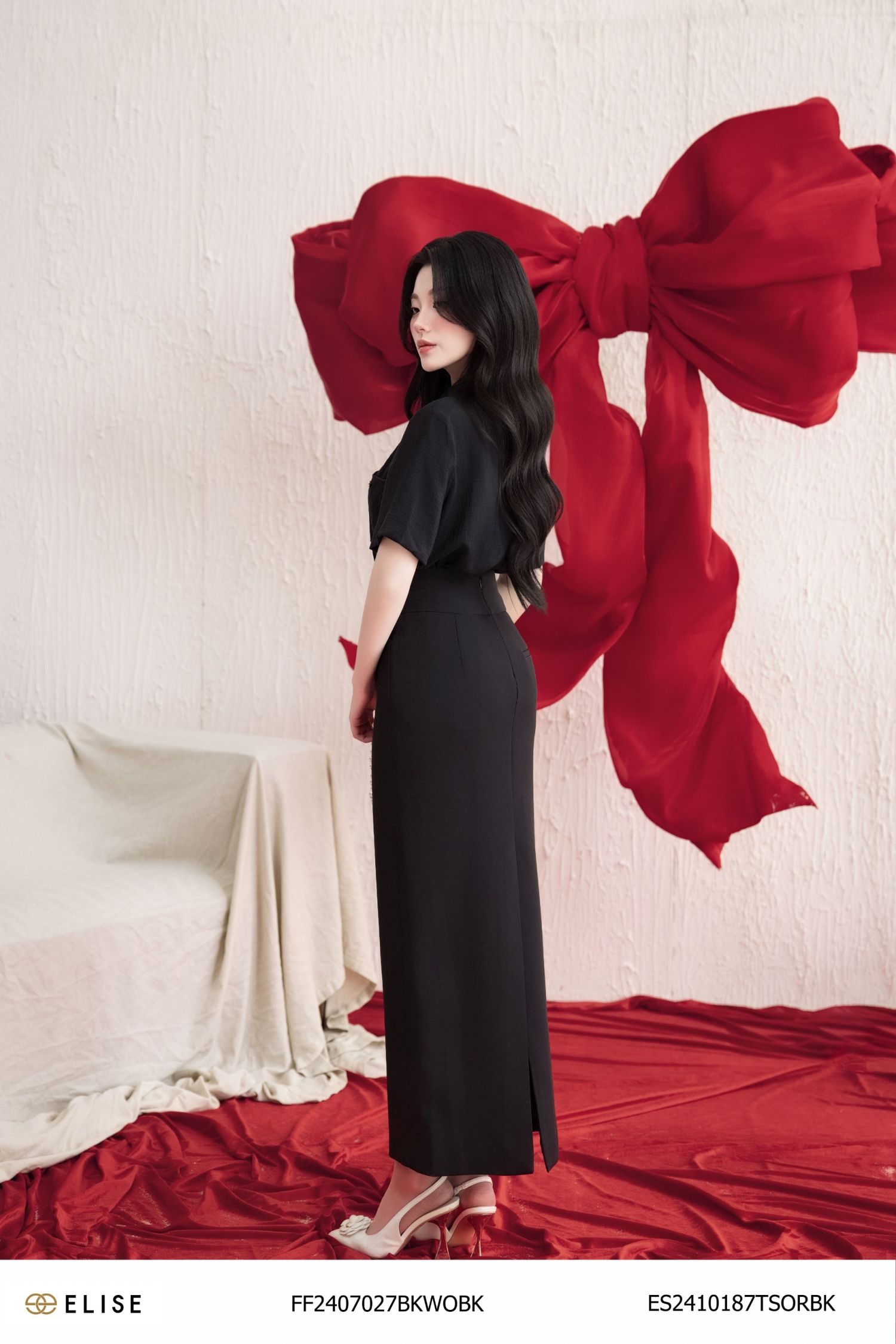 JUPE DÀI ĐEN CẠP CHÉO DIỄU CHỈ