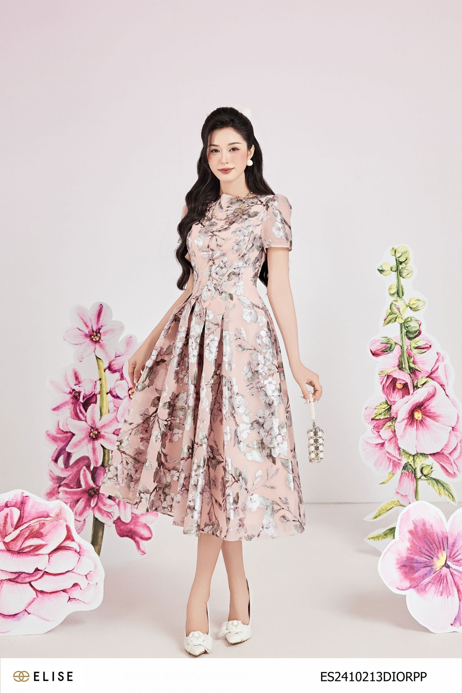 ĐẦM TƠ HỒNG XỐP HOA BỔ CHÉO CHIẾT EO