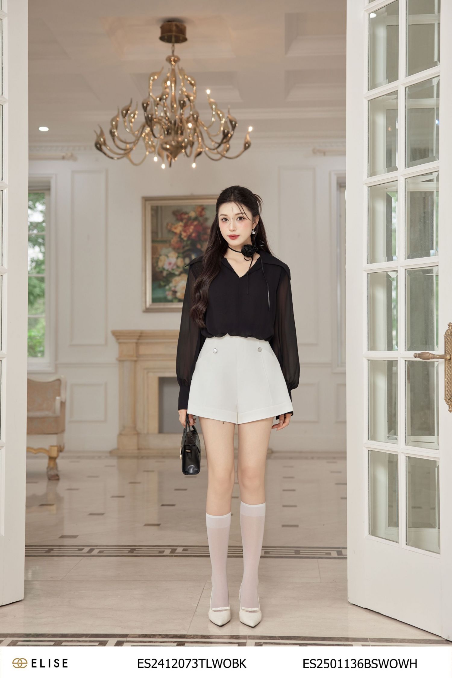 SM CHIFFON ĐEN CỔ NHỌN CHUN GẤU