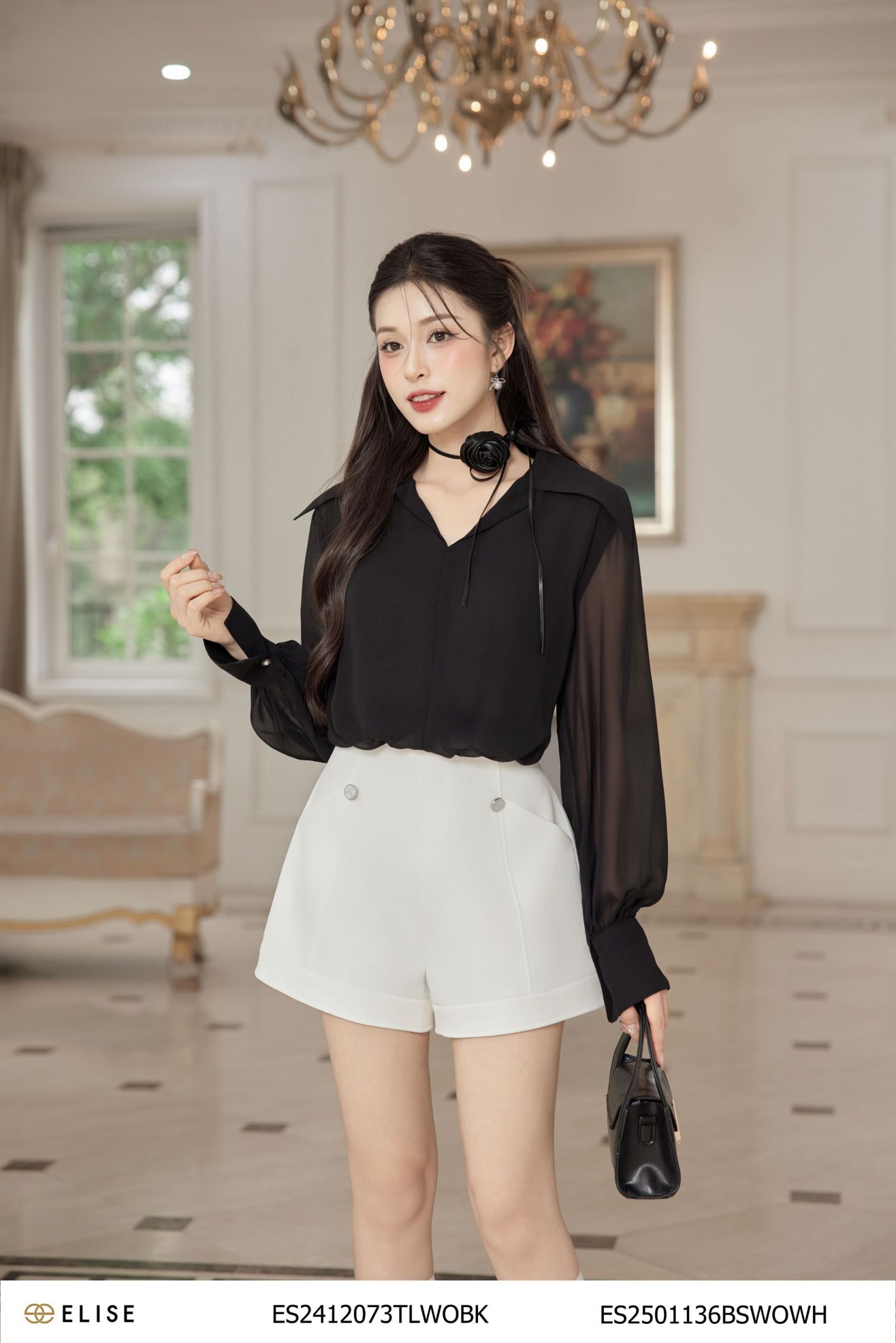 SM CHIFFON ĐEN CỔ NHỌN CHUN GẤU