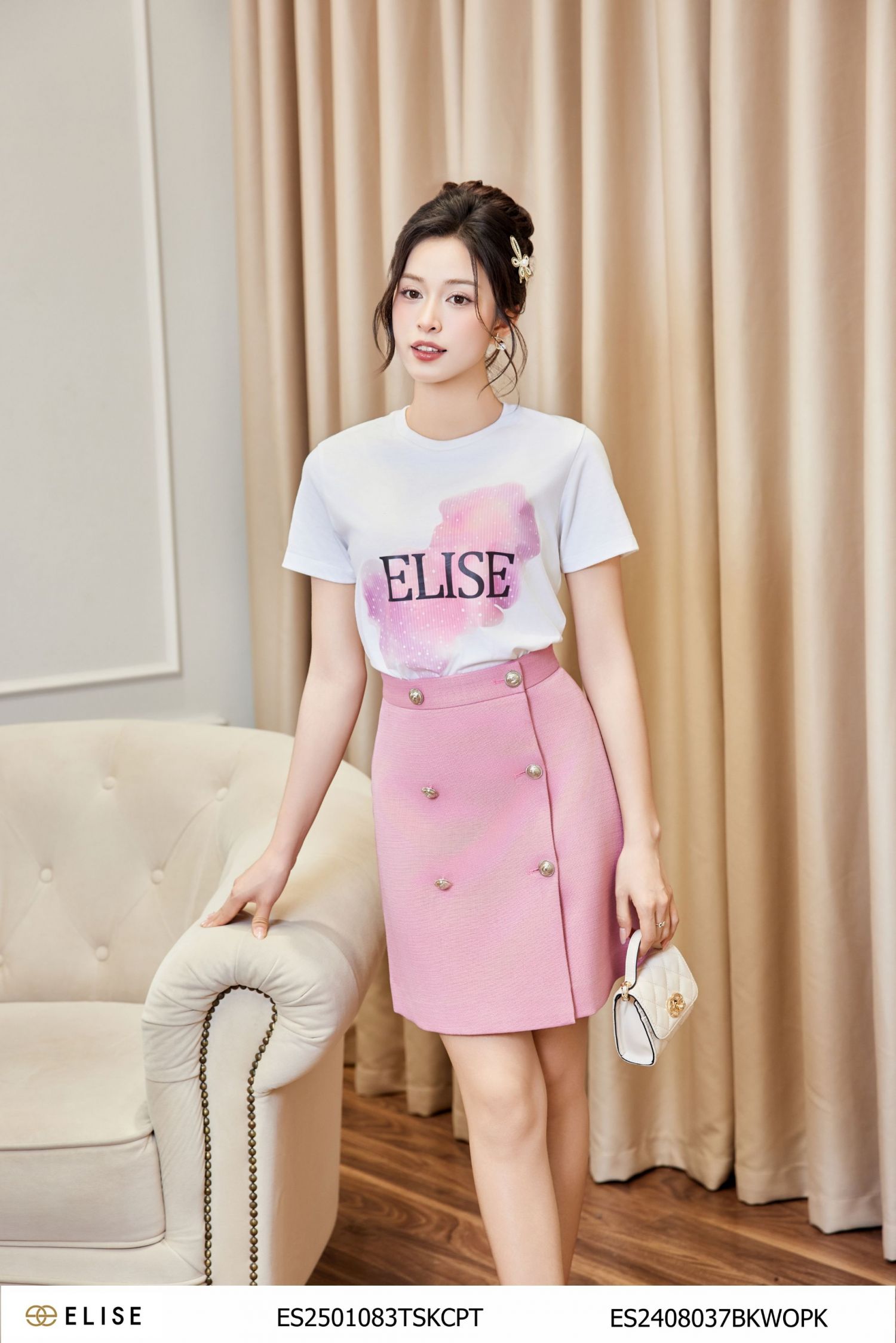 JUPE SỢI HỒNG VẠT CHỒNG ĐÍNH CÚC