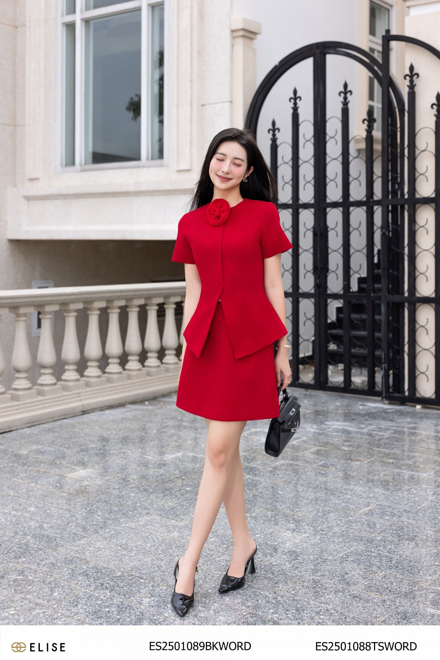 JUPE VÂN ĐỎ CHÉO ỐP NẮP TÚI