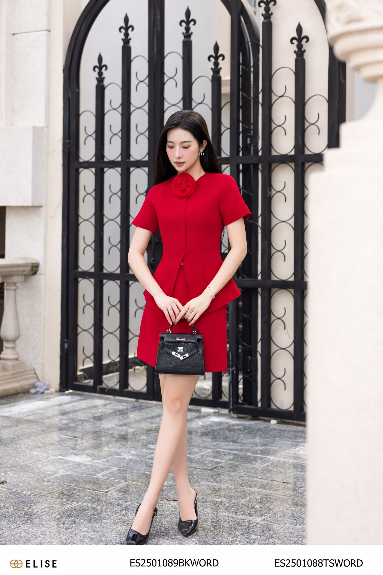 JUPE VÂN ĐỎ CHÉO ỐP NẮP TÚI