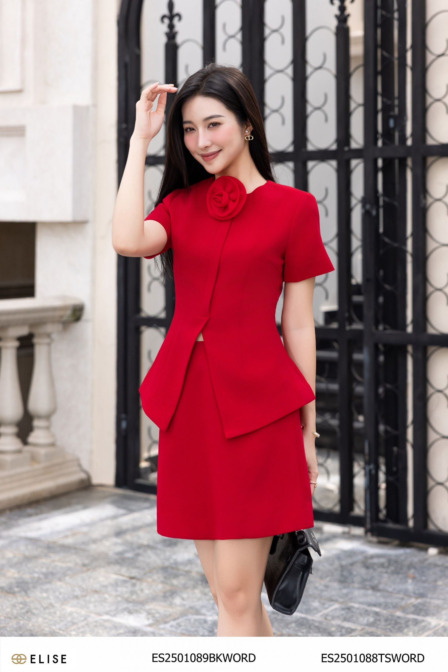 JUPE VÂN ĐỎ CHÉO ỐP NẮP TÚI