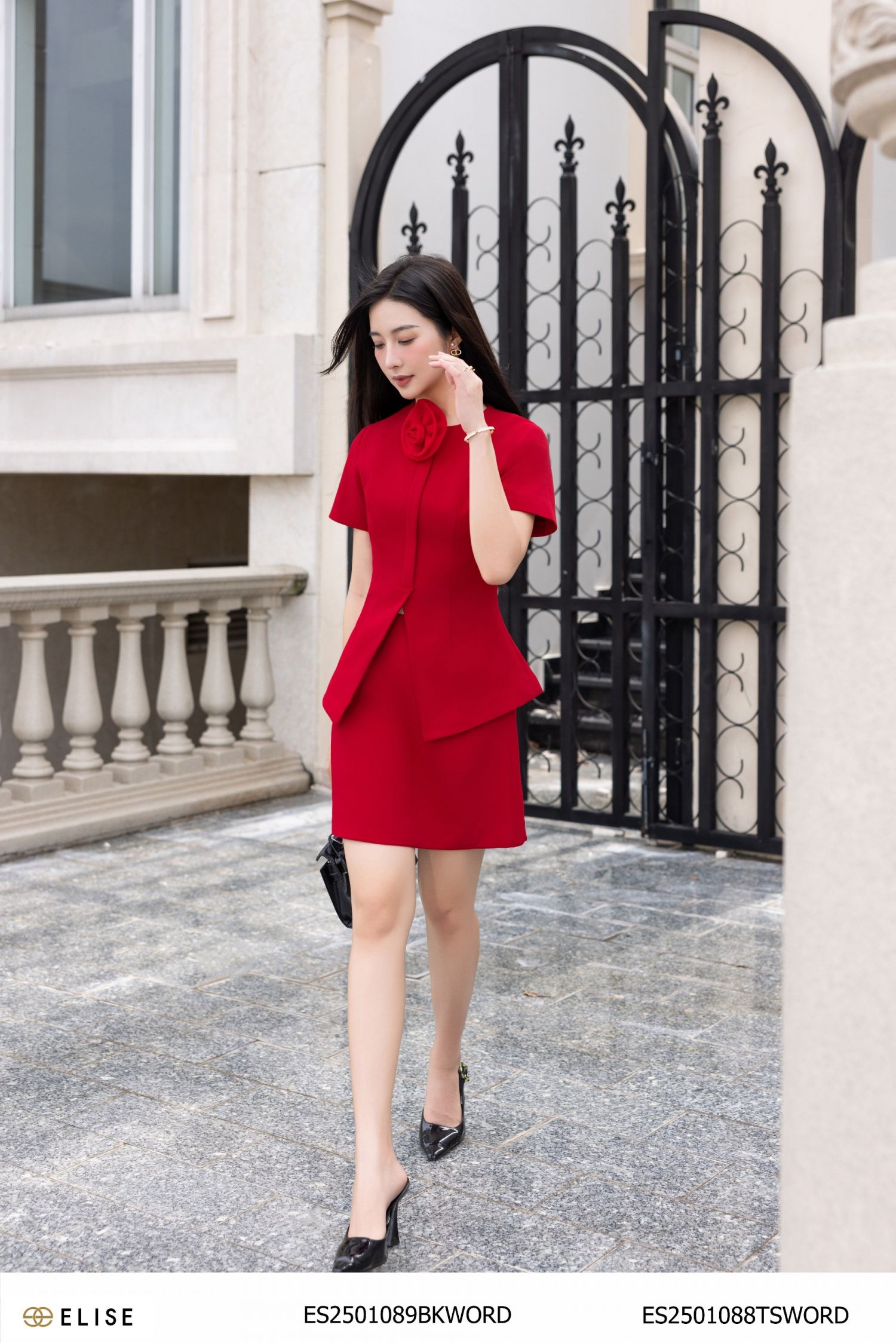JUPE VÂN ĐỎ CHÉO ỐP NẮP TÚI
