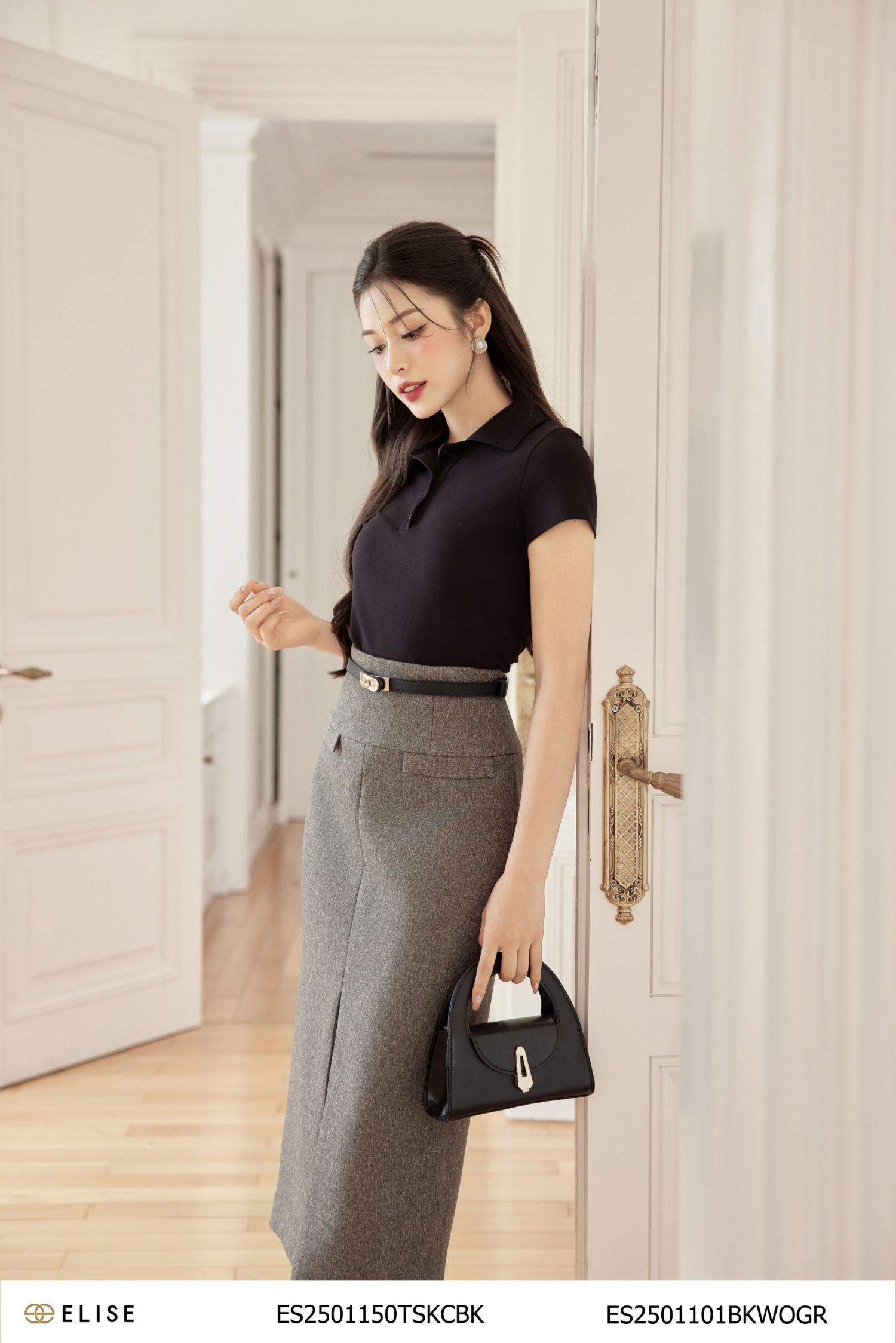 JUPE VÂN XÁM PHA TRẮNG XẺ TRƯỚC