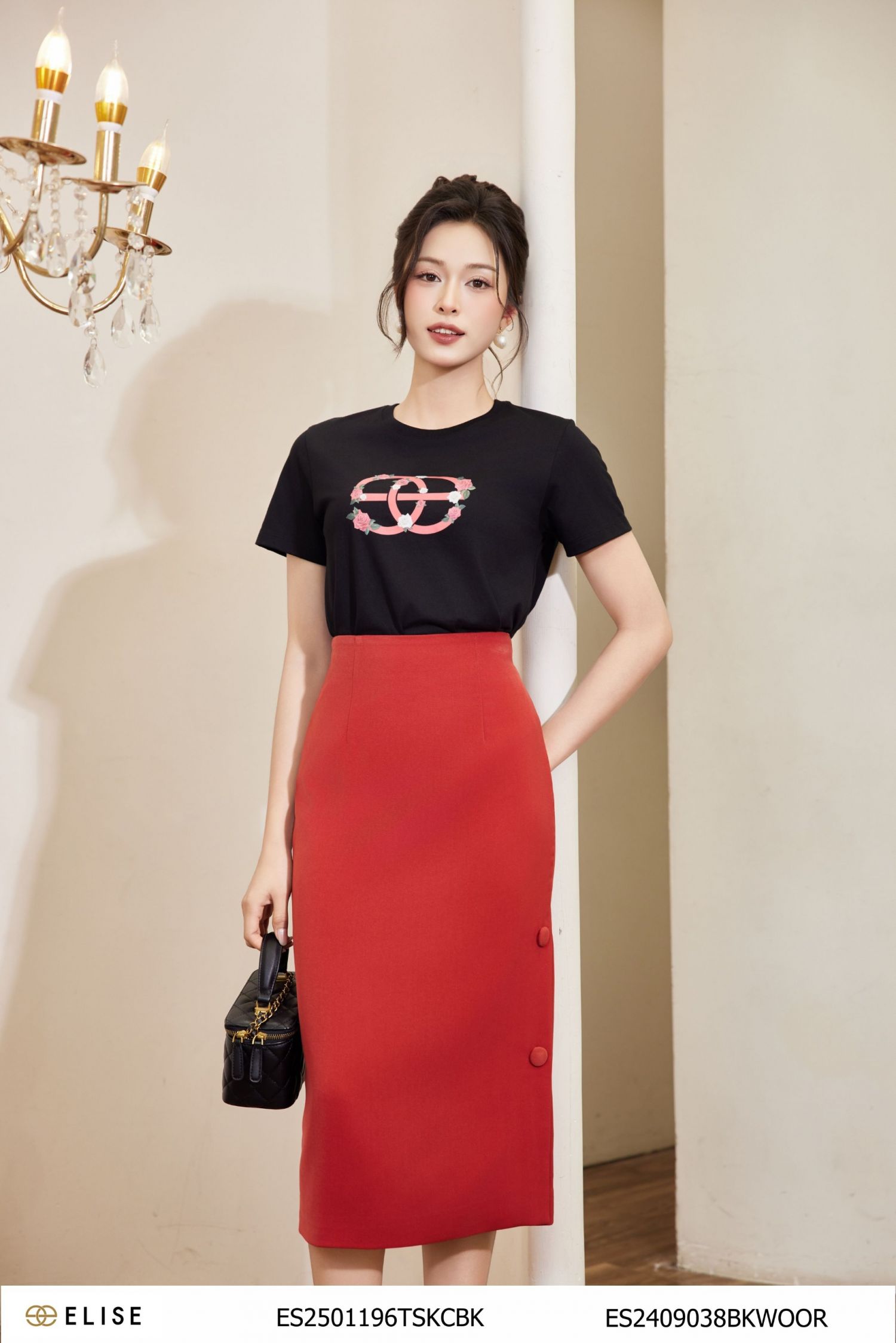 JUPE CAM ĐỎ ĐÍNH CÚC VẠT GẤU