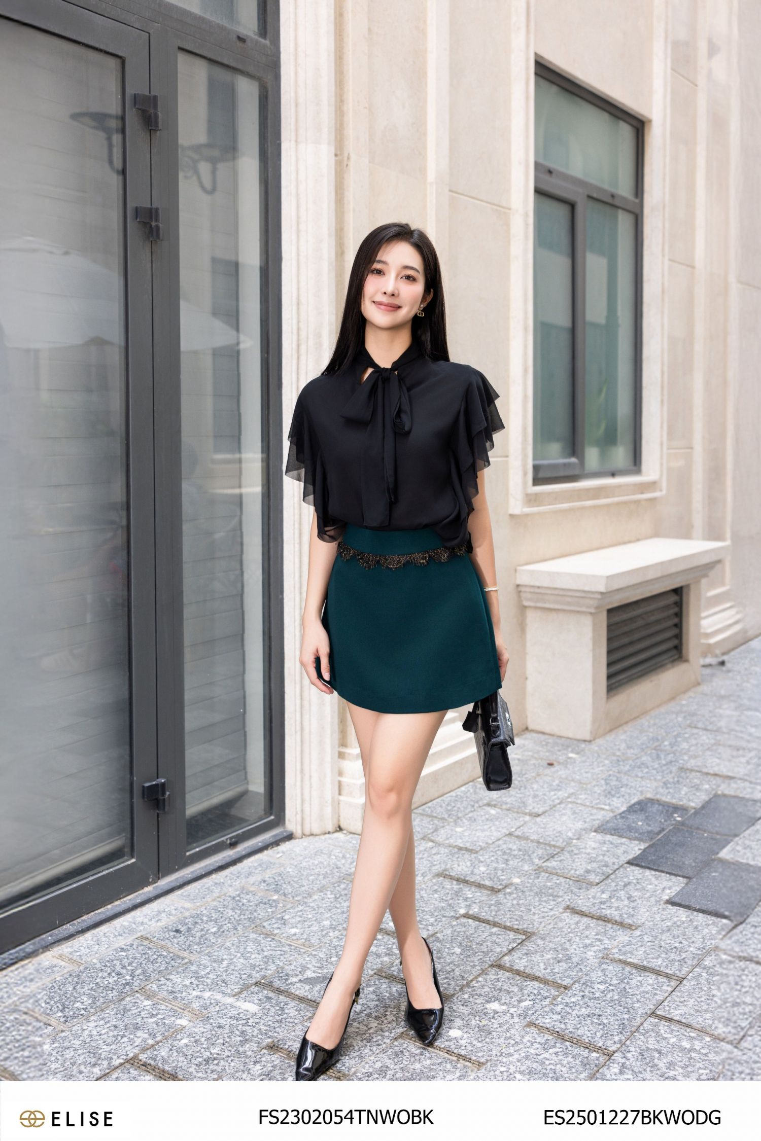 JUPE XANH RÊU NGẮN CẠP REN