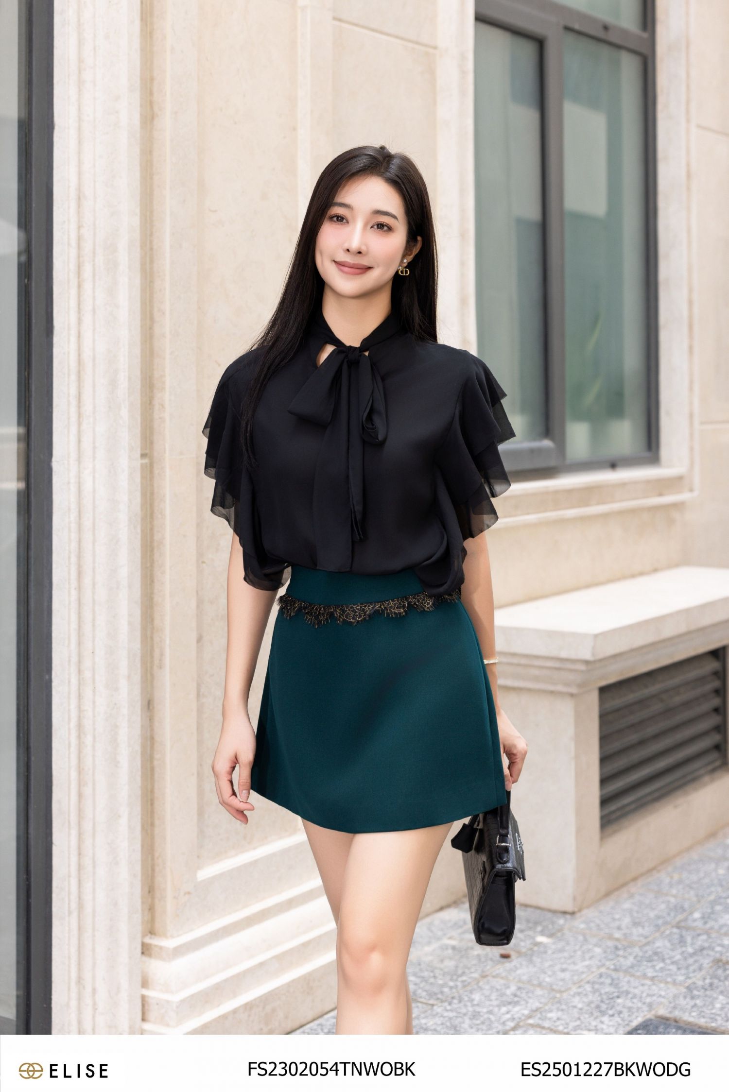 JUPE XANH RÊU NGẮN CẠP REN
