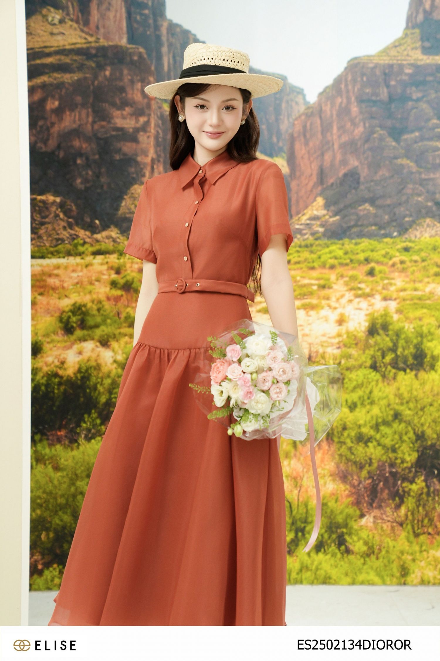 ĐẦM TƠ CAM XÒE NHÚN ĐAI EO