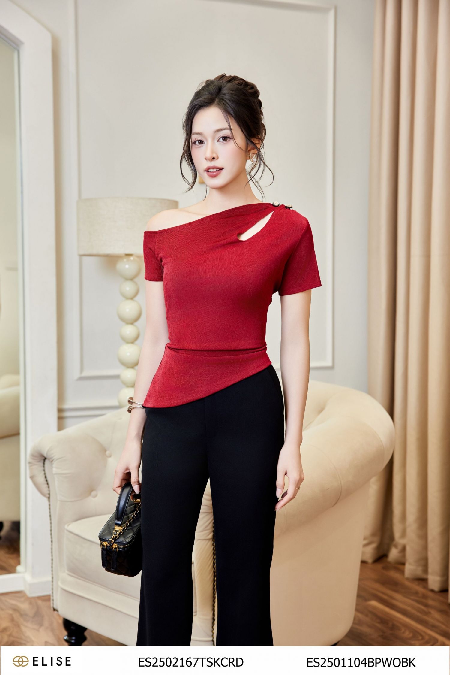 ÁO THUN ĐỎ ĐÔ LỆCH NHÚN VAI