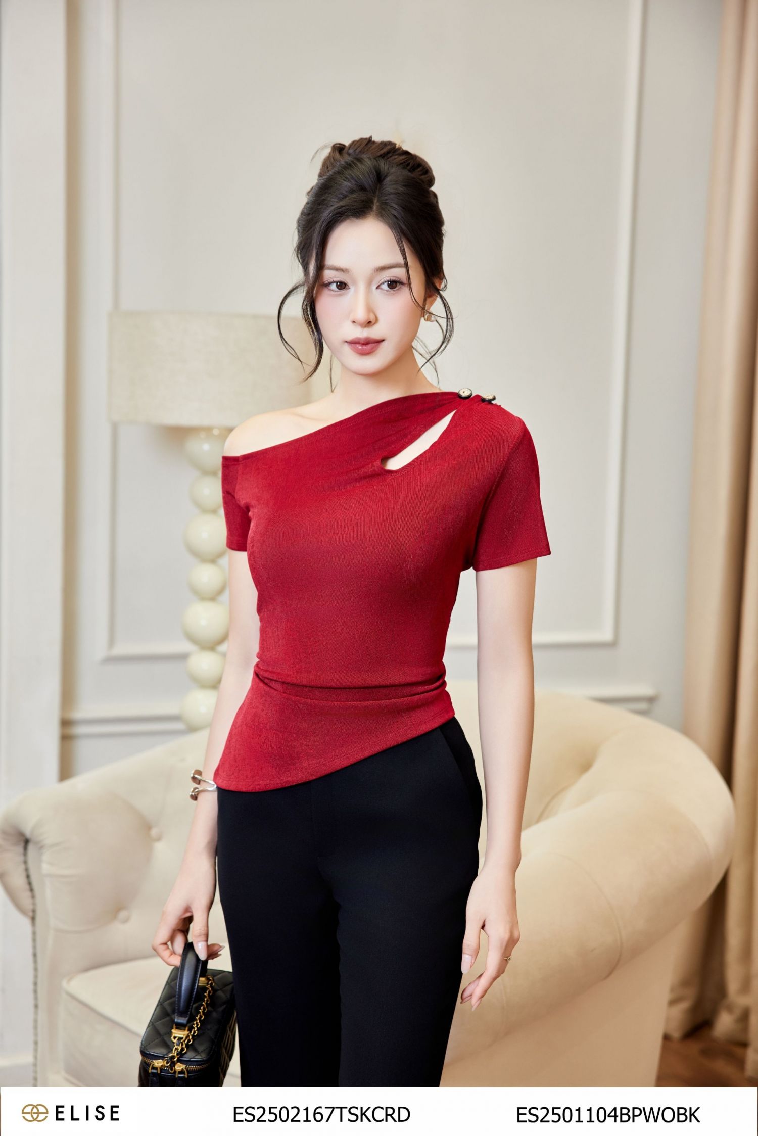 ÁO THUN ĐỎ ĐÔ LỆCH NHÚN VAI