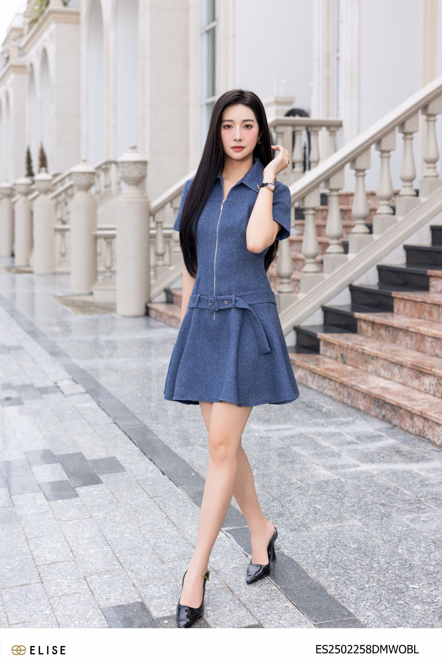 ĐẦM VÂN SỢI XANH DENIM ĐAI EO