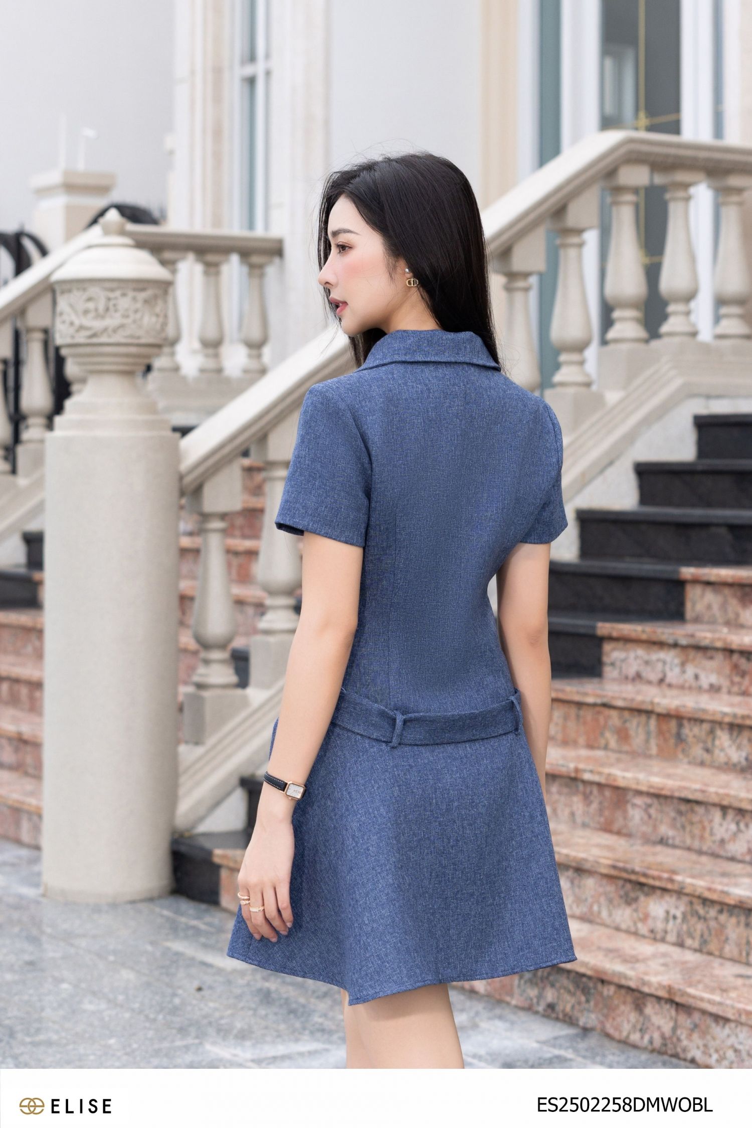 ĐẦM VÂN SỢI XANH DENIM ĐAI EO