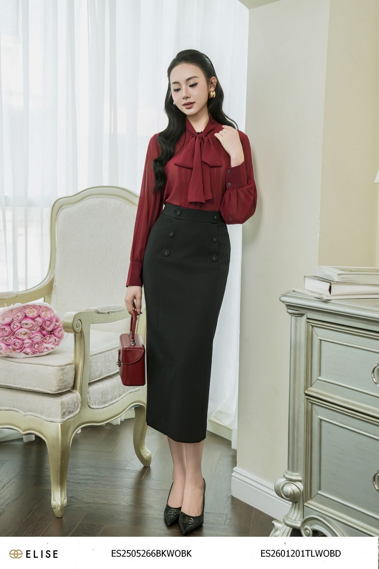 ÁO SƠ MI ĐỎ TÍA CỔ BUỘC NƠ