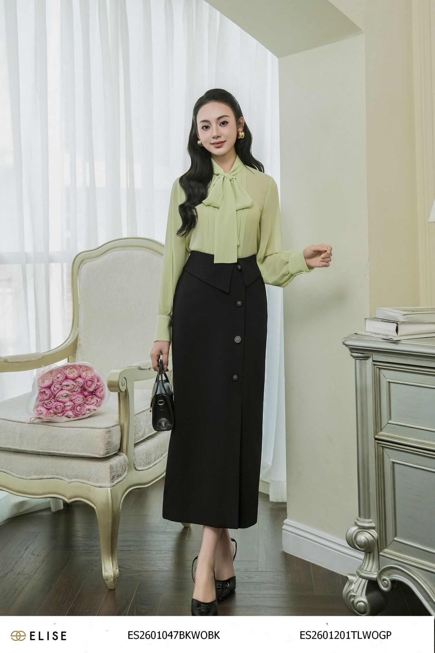 ÁO SƠ MI XANH CỐM CỔ BUỘC NƠ