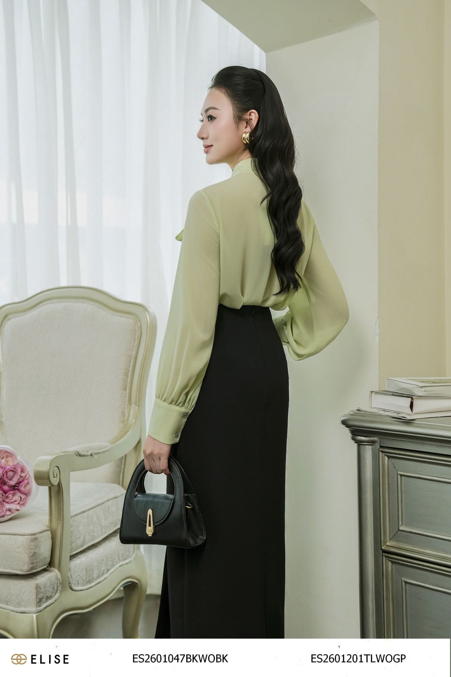ÁO SƠ MI XANH CỐM CỔ BUỘC NƠ
