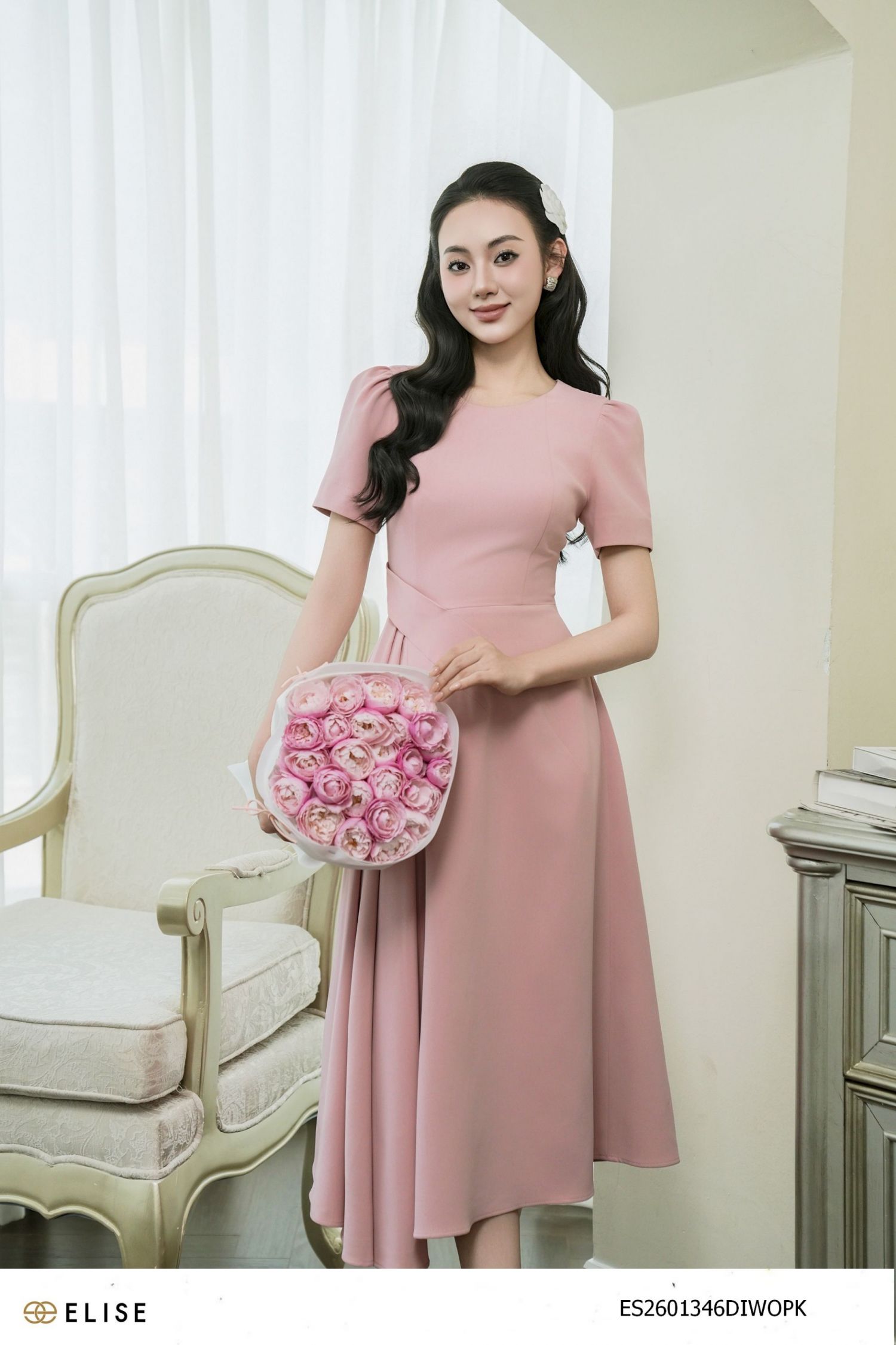 ĐẦM TUYTSY HỒNG ĐẬM XẾP LY EO