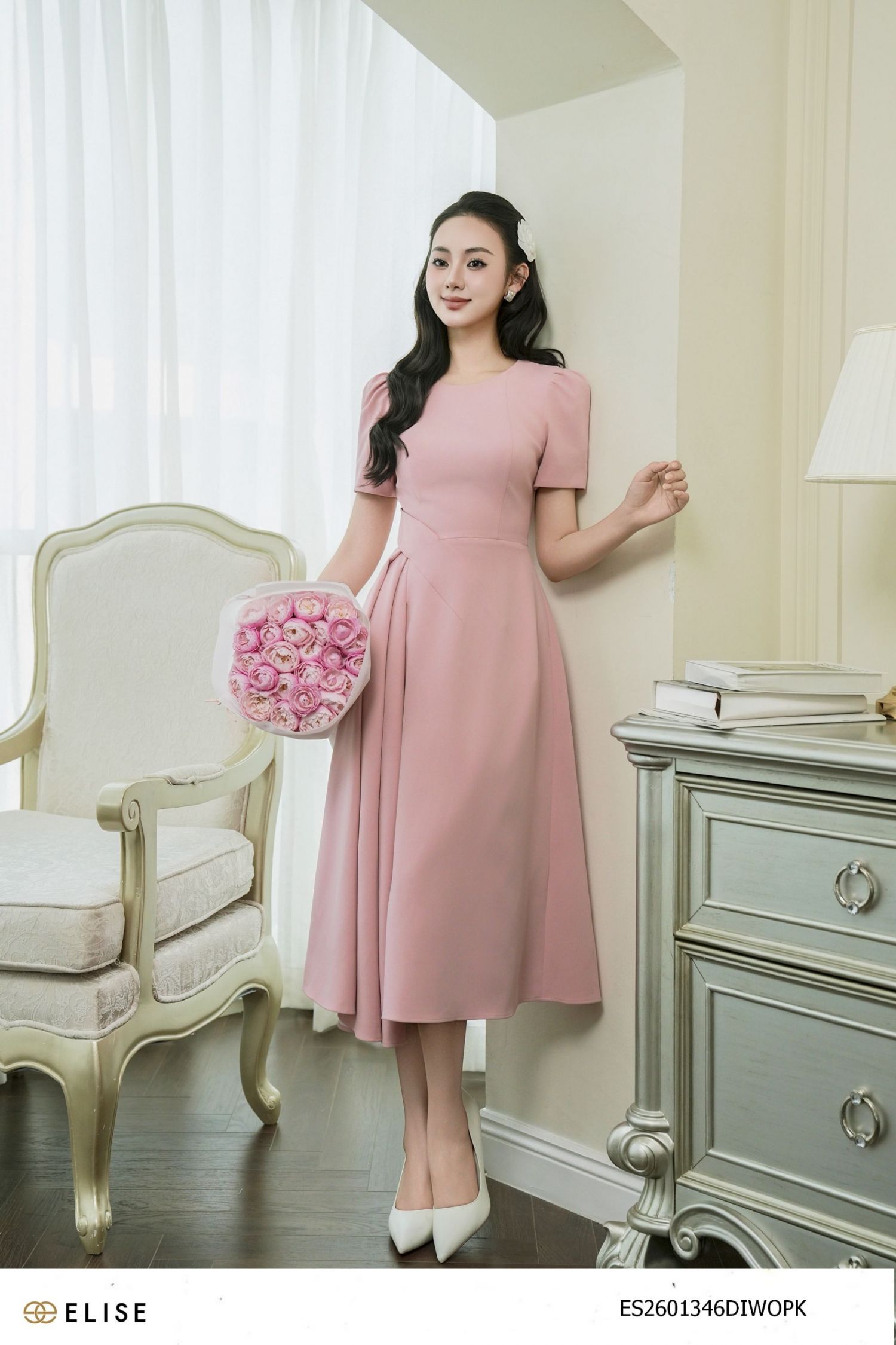 ĐẦM TUYTSY HỒNG ĐẬM XẾP LY EO