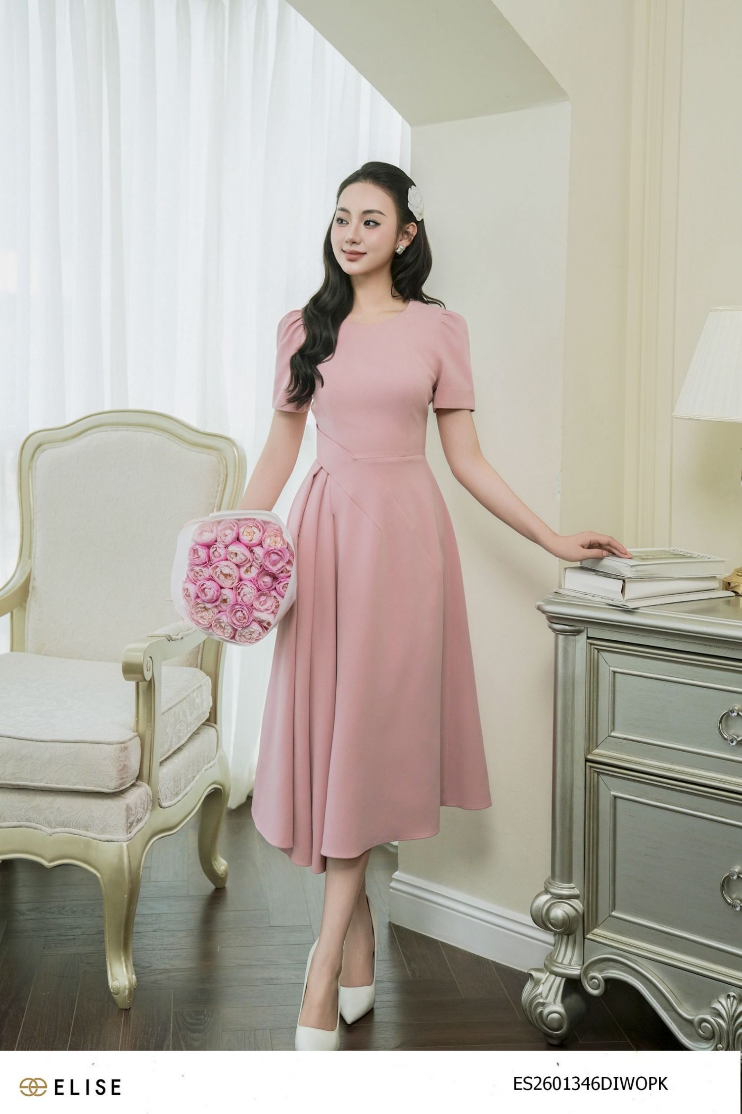 ĐẦM TUYTSY HỒNG ĐẬM XẾP LY EO