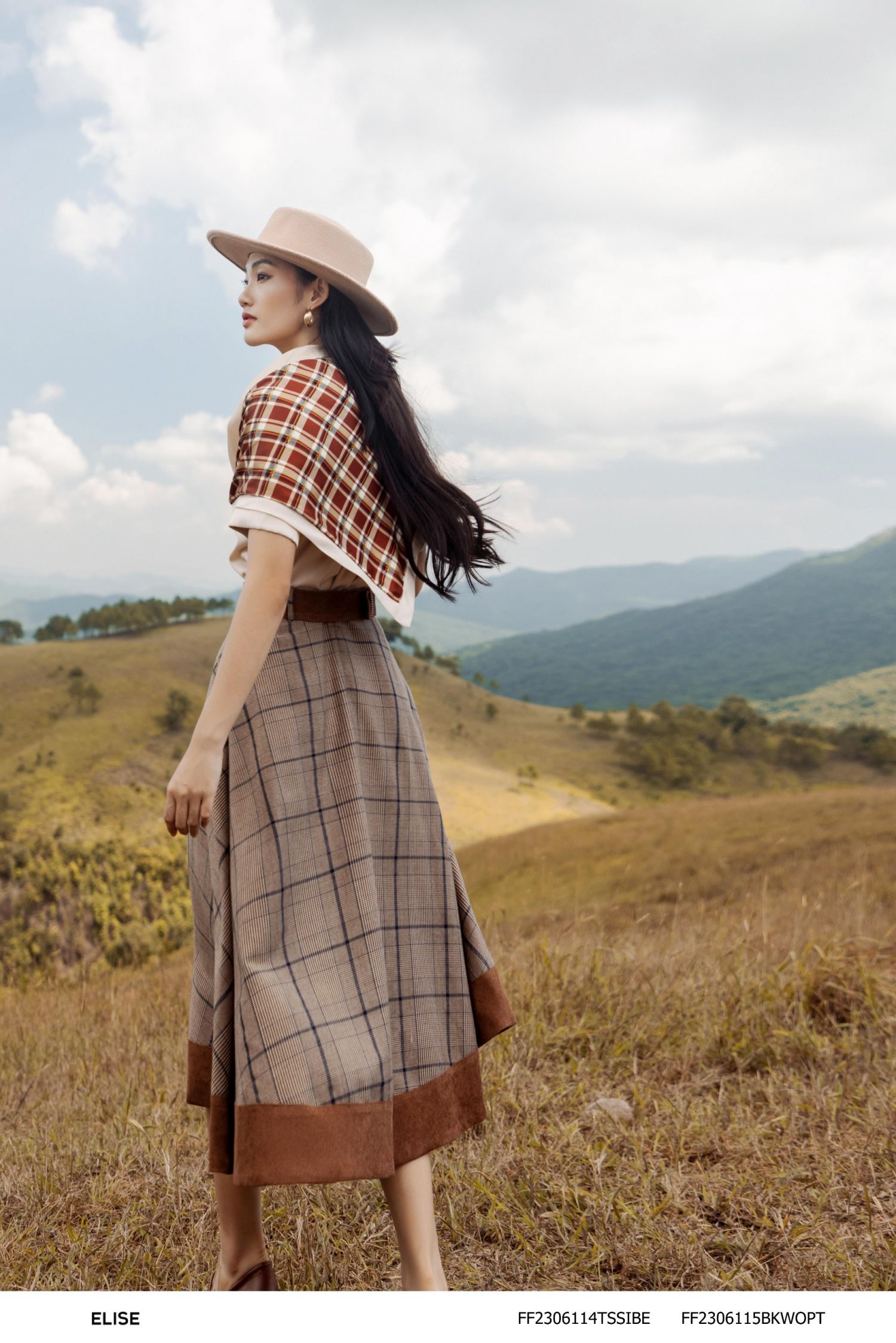 CHÂN VÁY KẺ HT NÂU PHỐI NHUNG
