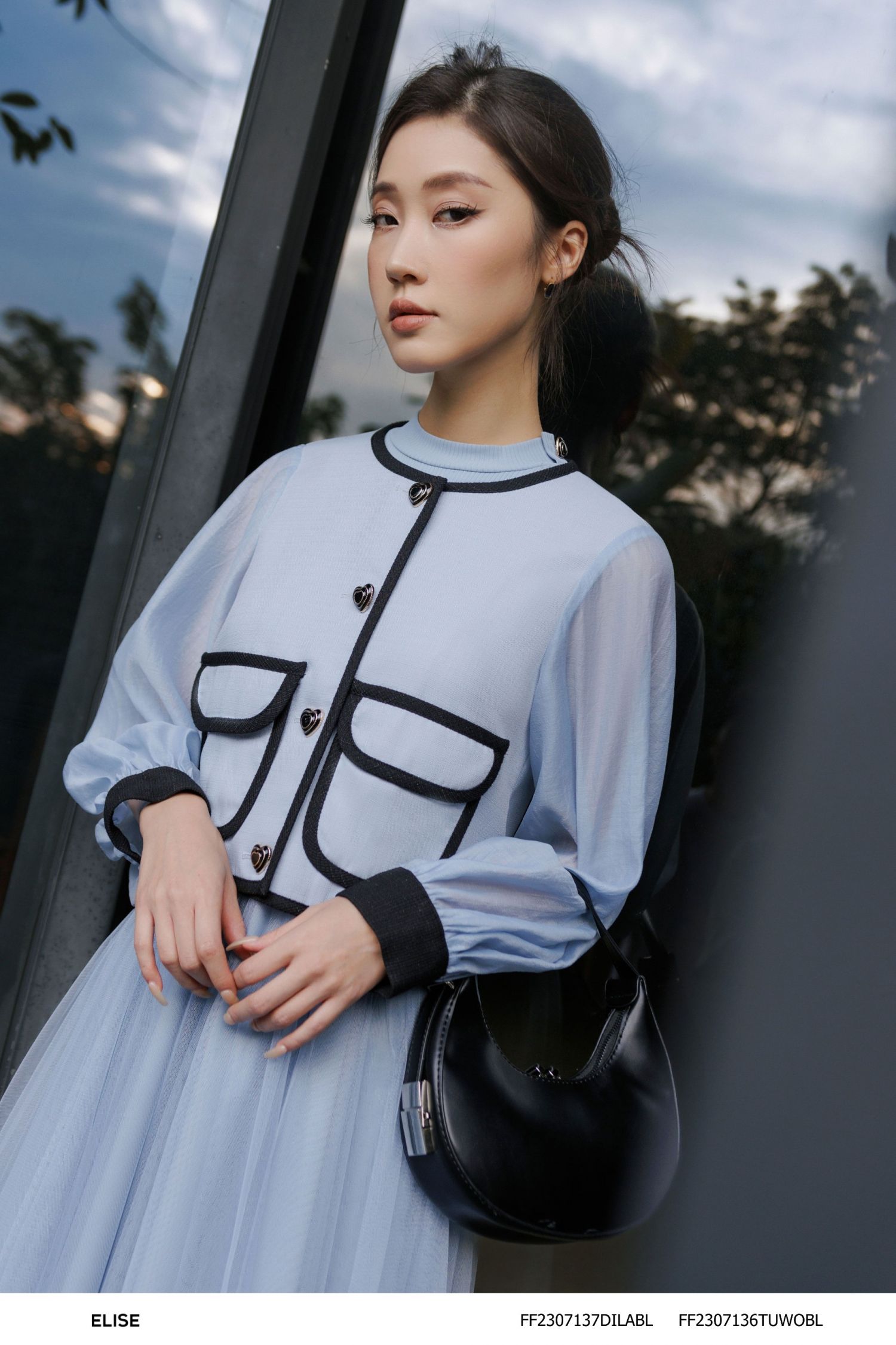 VEST TWEED XANH GHI VIỀN ĐEN TAY TƠ
