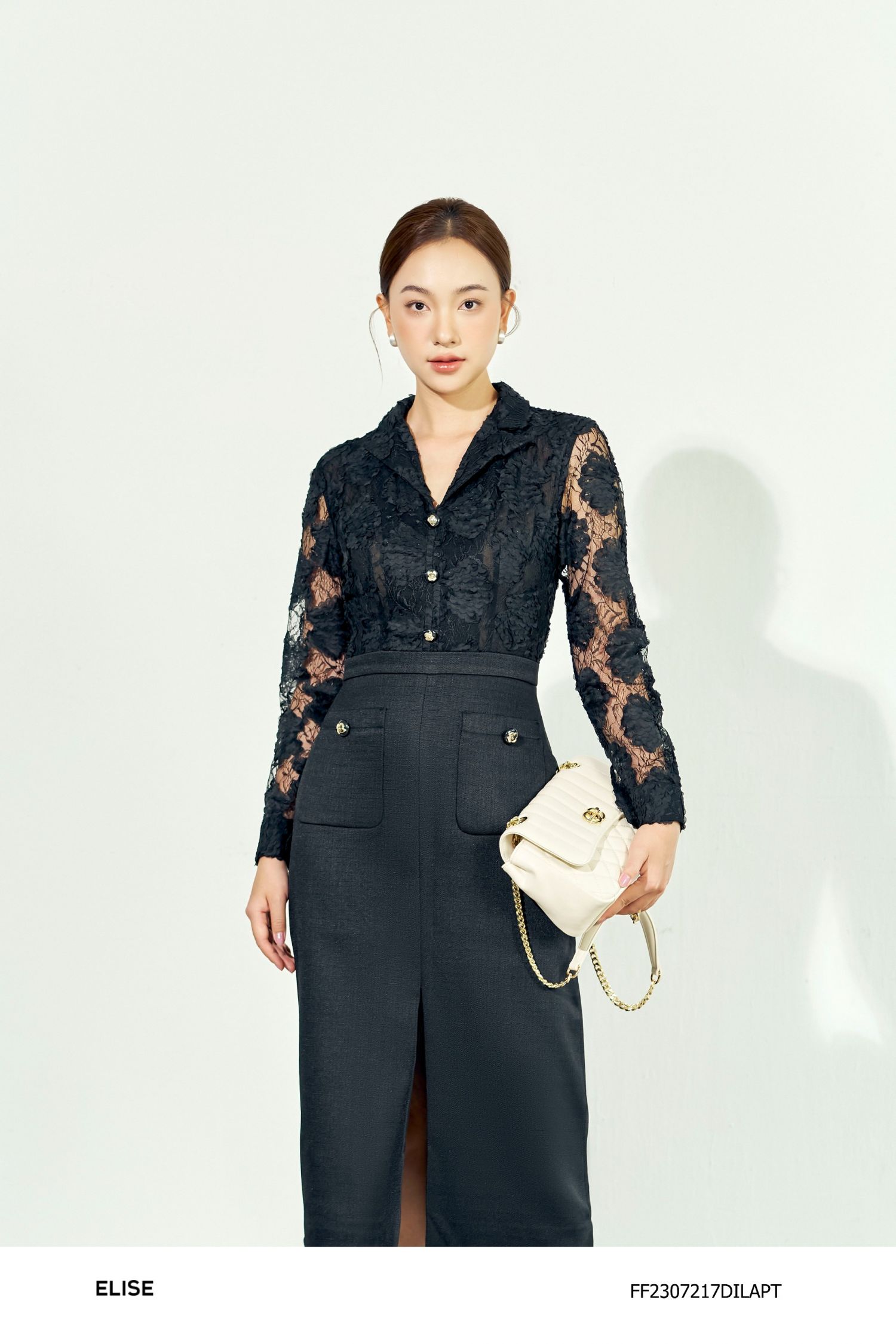 ĐẦM REN ĐEN HOA NỔI PHỐI DẠ TWEED