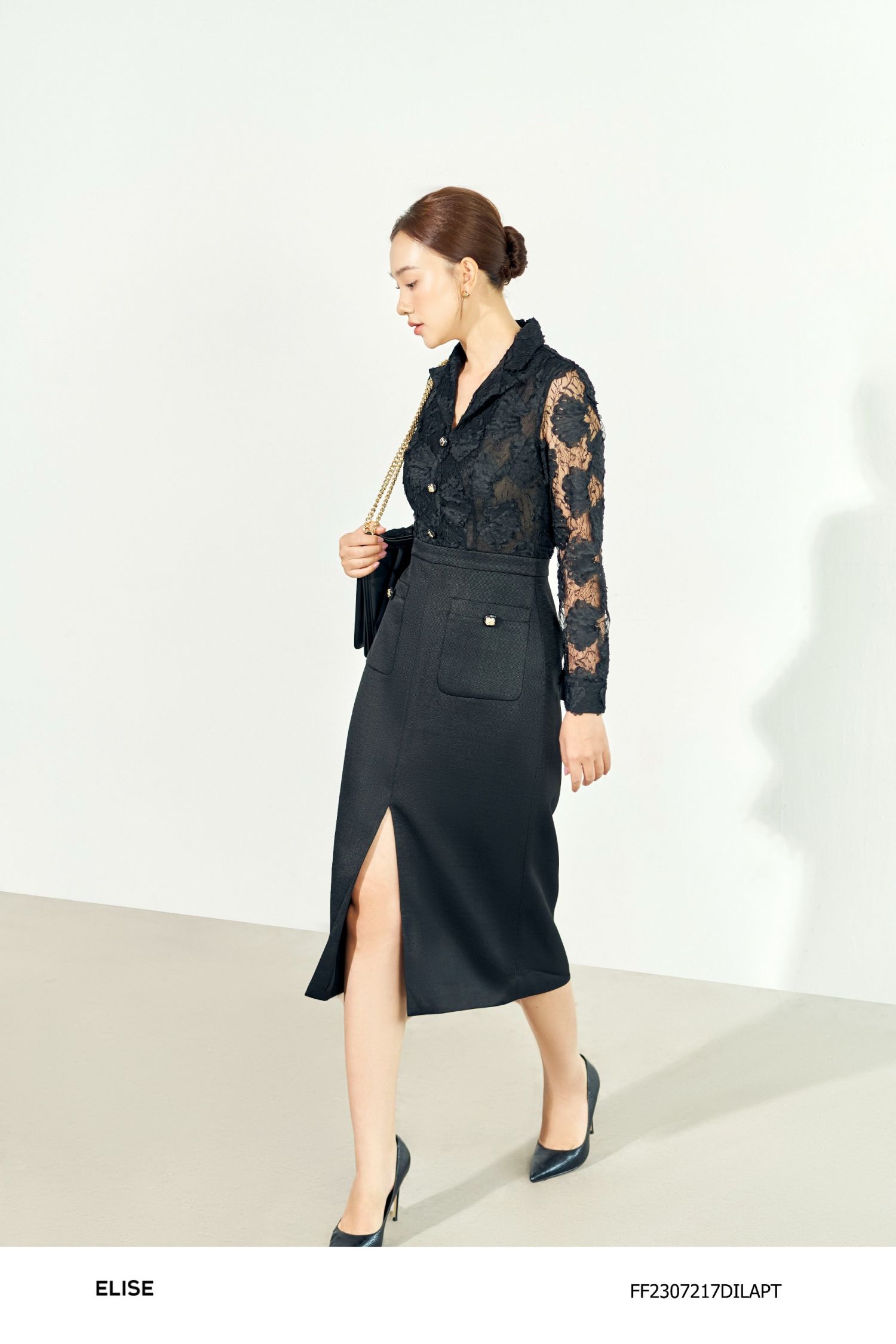 ĐẦM REN ĐEN HOA NỔI PHỐI DẠ TWEED