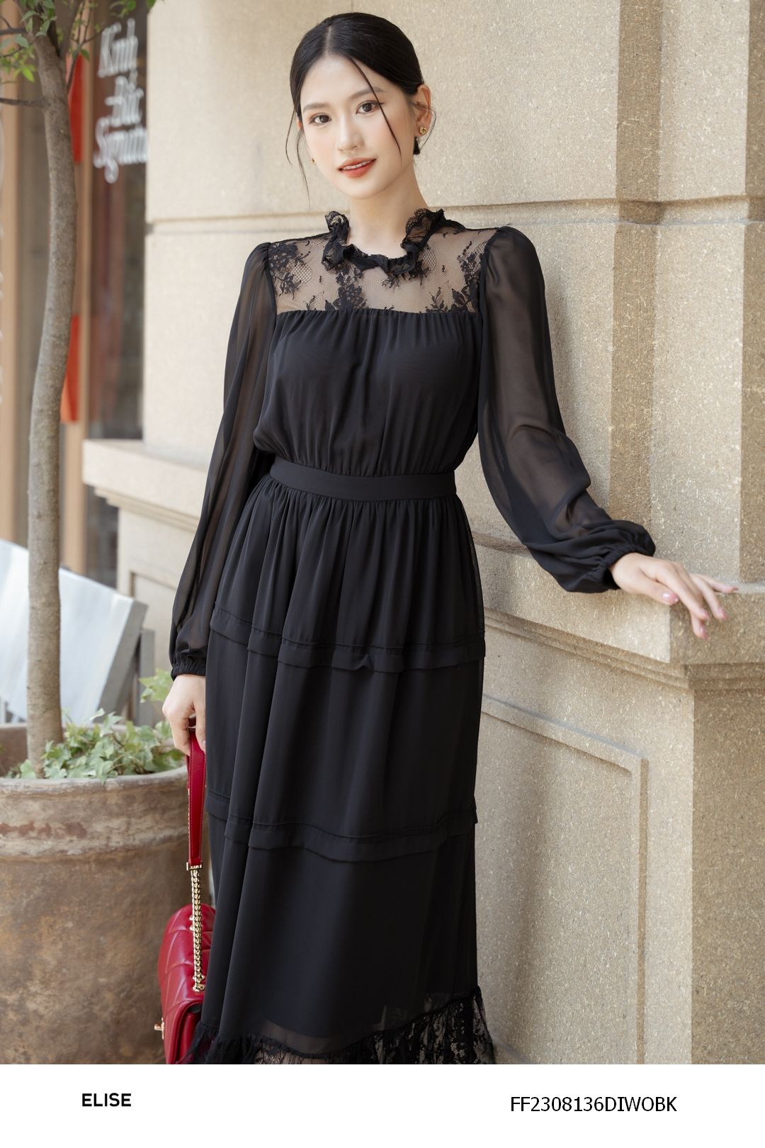 ĐẦM CHIFFON ĐEN PHỐI REN XẾP MÍ TẦNG