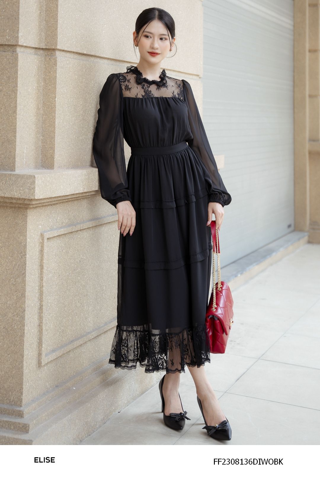 ĐẦM CHIFFON ĐEN PHỐI REN XẾP MÍ TẦNG