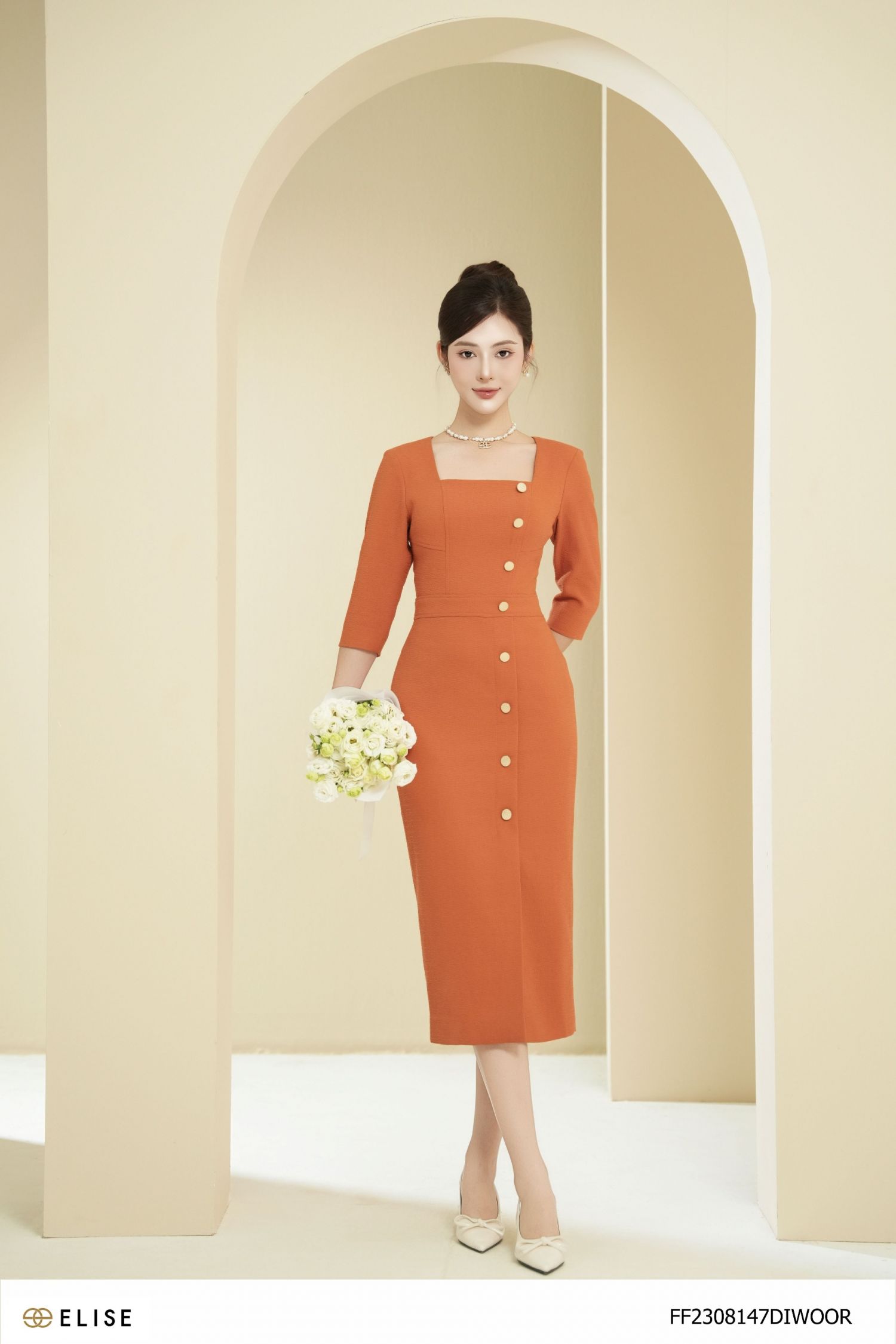 ĐẦM VÂN CAM CỔ VUÔNG TAY LỠ
