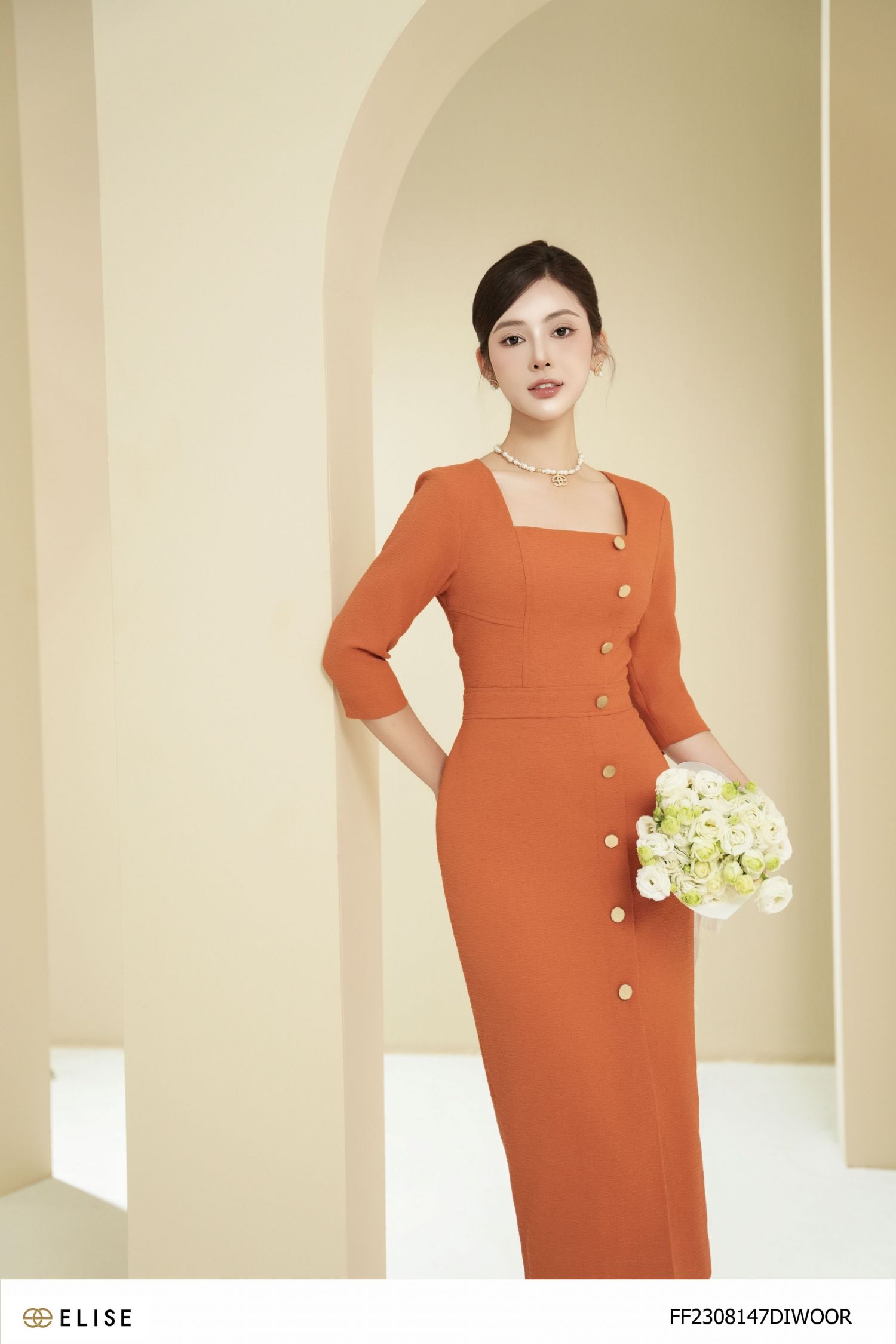 ĐẦM VÂN CAM CỔ VUÔNG TAY LỠ