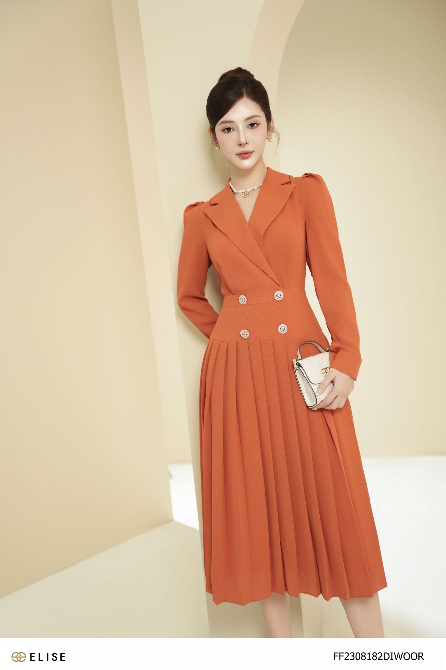 ĐẦM CAM CỔ VEST CHÂN DẬP LY