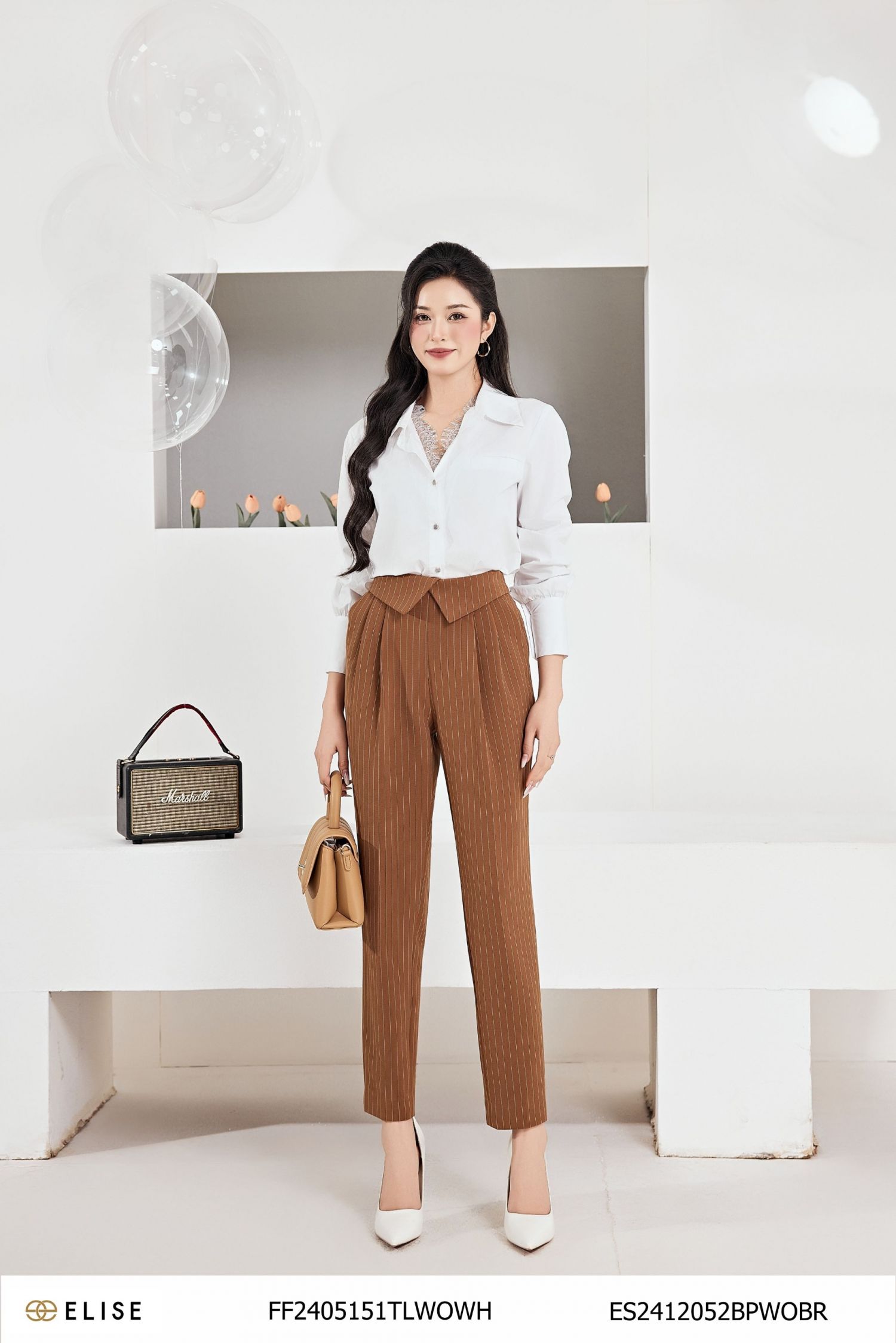 QUẦN BAGGY NÂU KẺ TRẮNG CẠP LẬT V