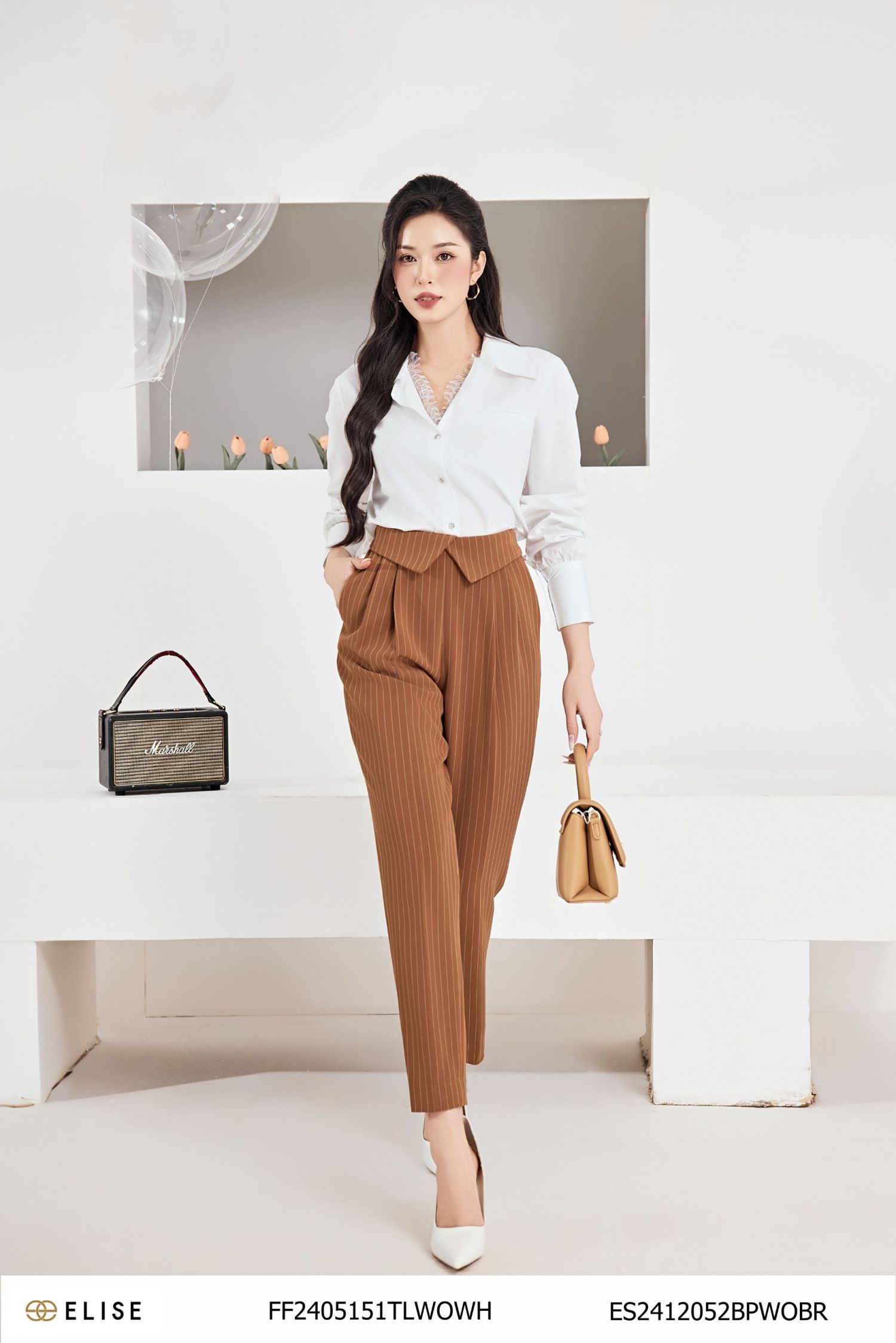 QUẦN BAGGY NÂU KẺ TRẮNG CẠP LẬT V