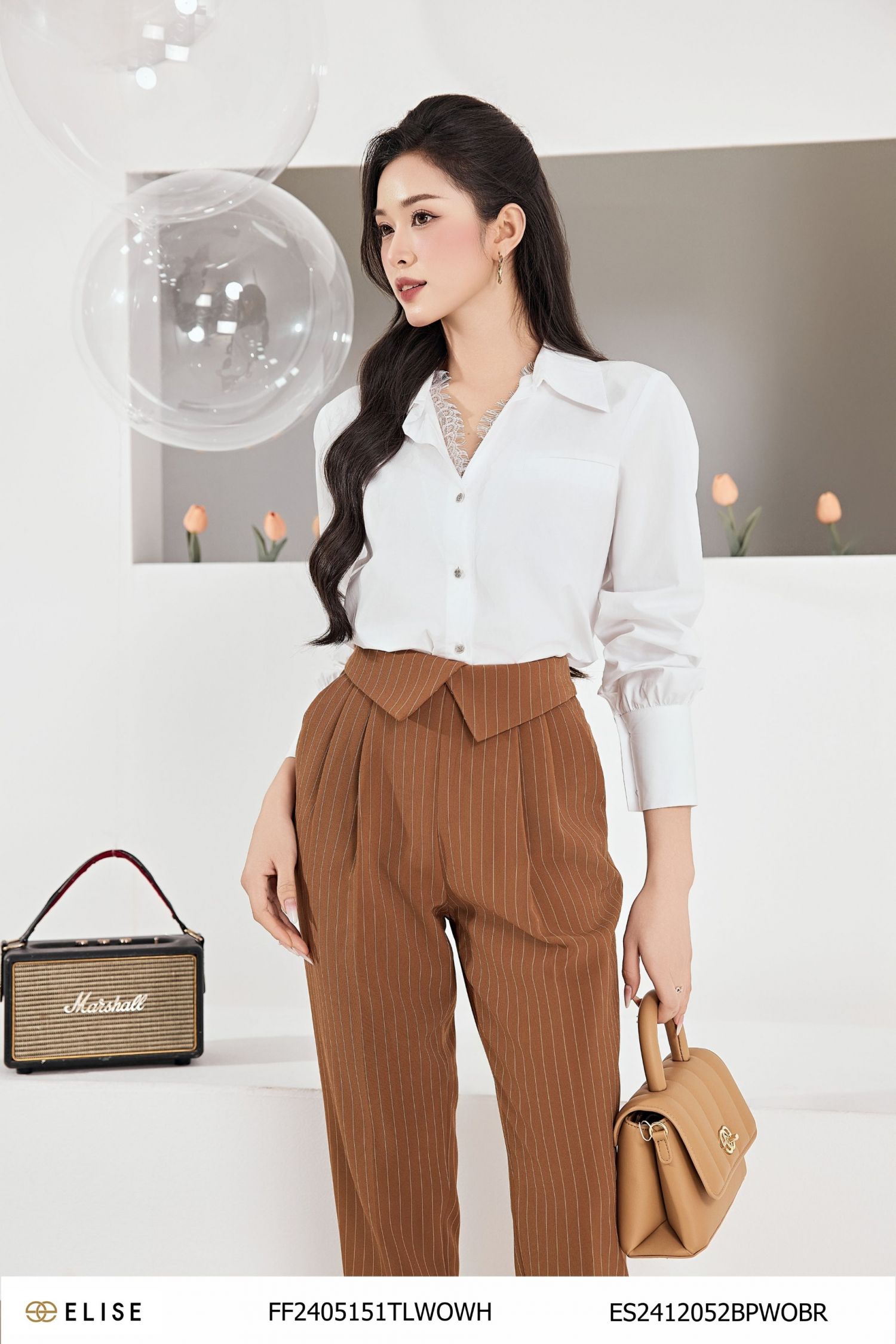 QUẦN BAGGY NÂU KẺ TRẮNG CẠP LẬT V