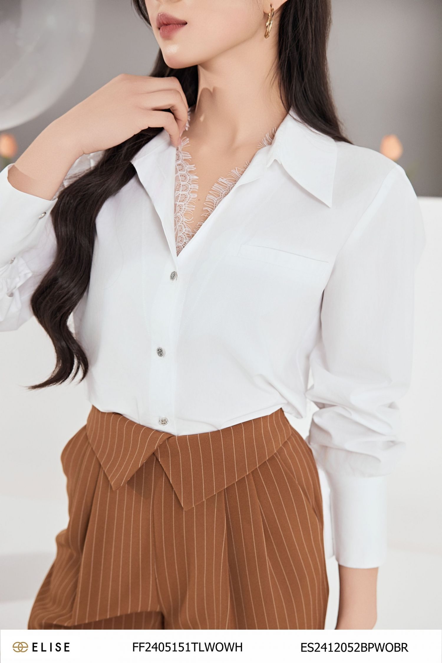 QUẦN BAGGY NÂU KẺ TRẮNG CẠP LẬT V