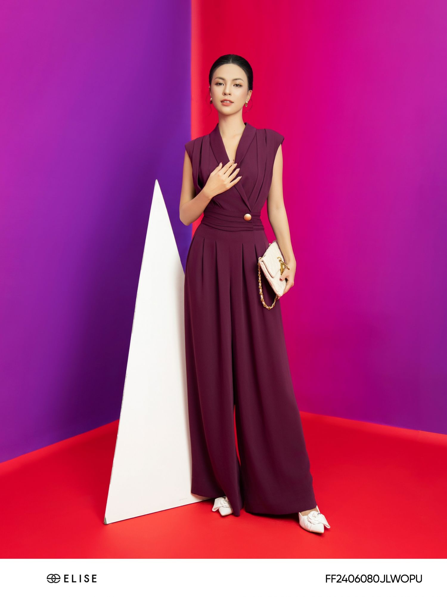 JUMPSUIT DÀI TÍM QUẦN SUÔNG XẾP NHÚN EO