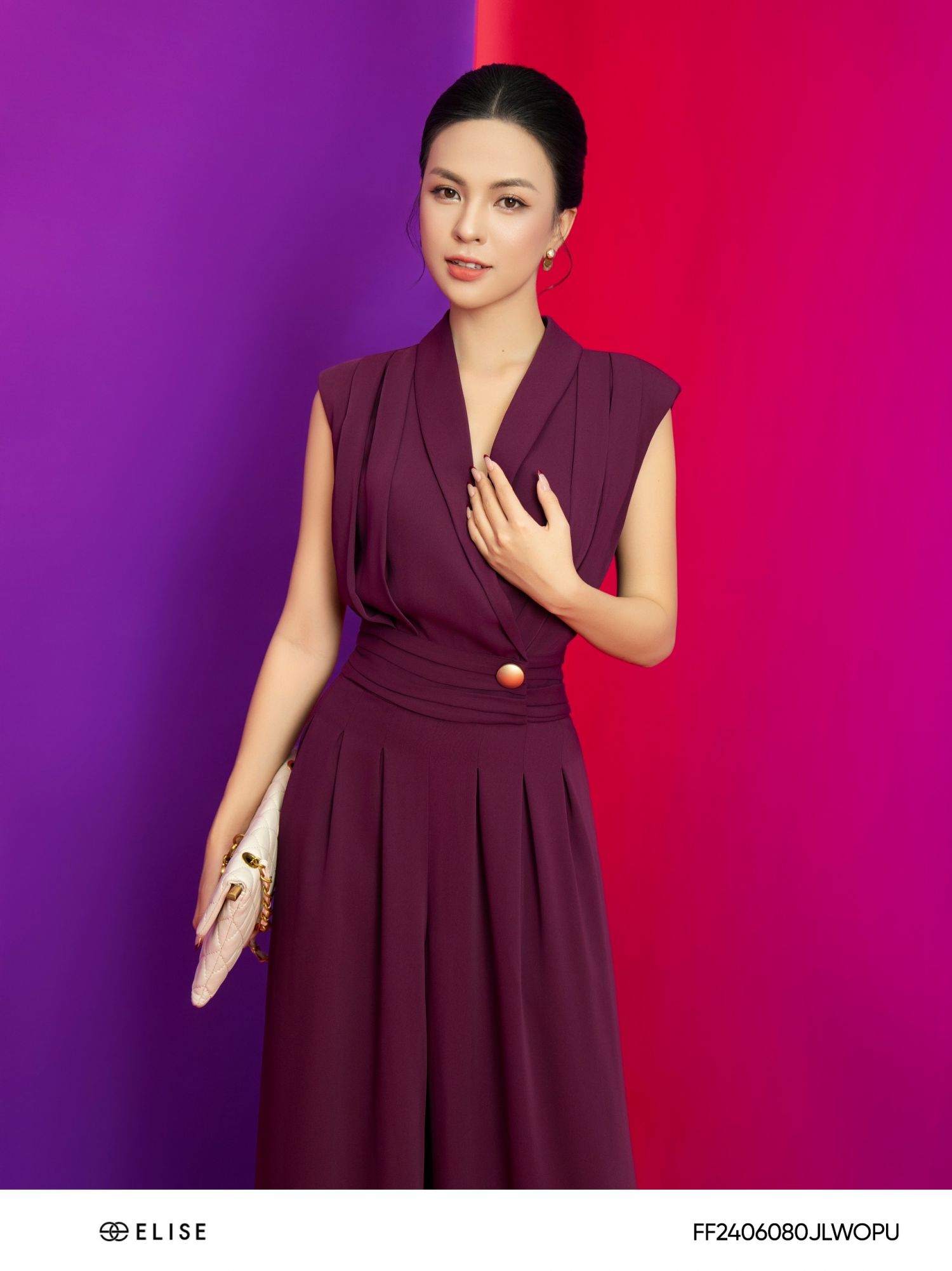 JUMPSUIT DÀI TÍM QUẦN SUÔNG XẾP NHÚN EO