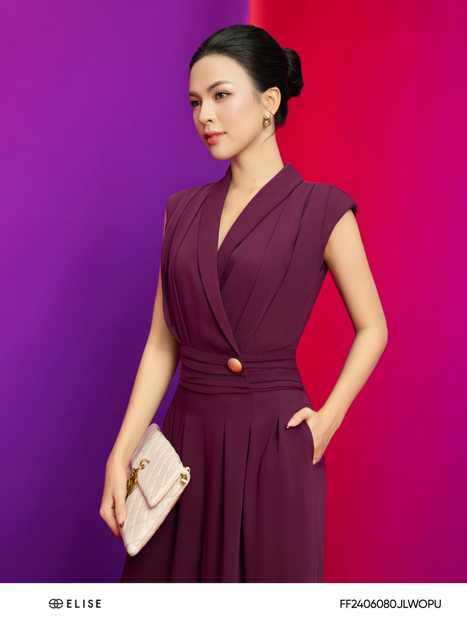 JUMPSUIT DÀI TÍM QUẦN SUÔNG XẾP NHÚN EO