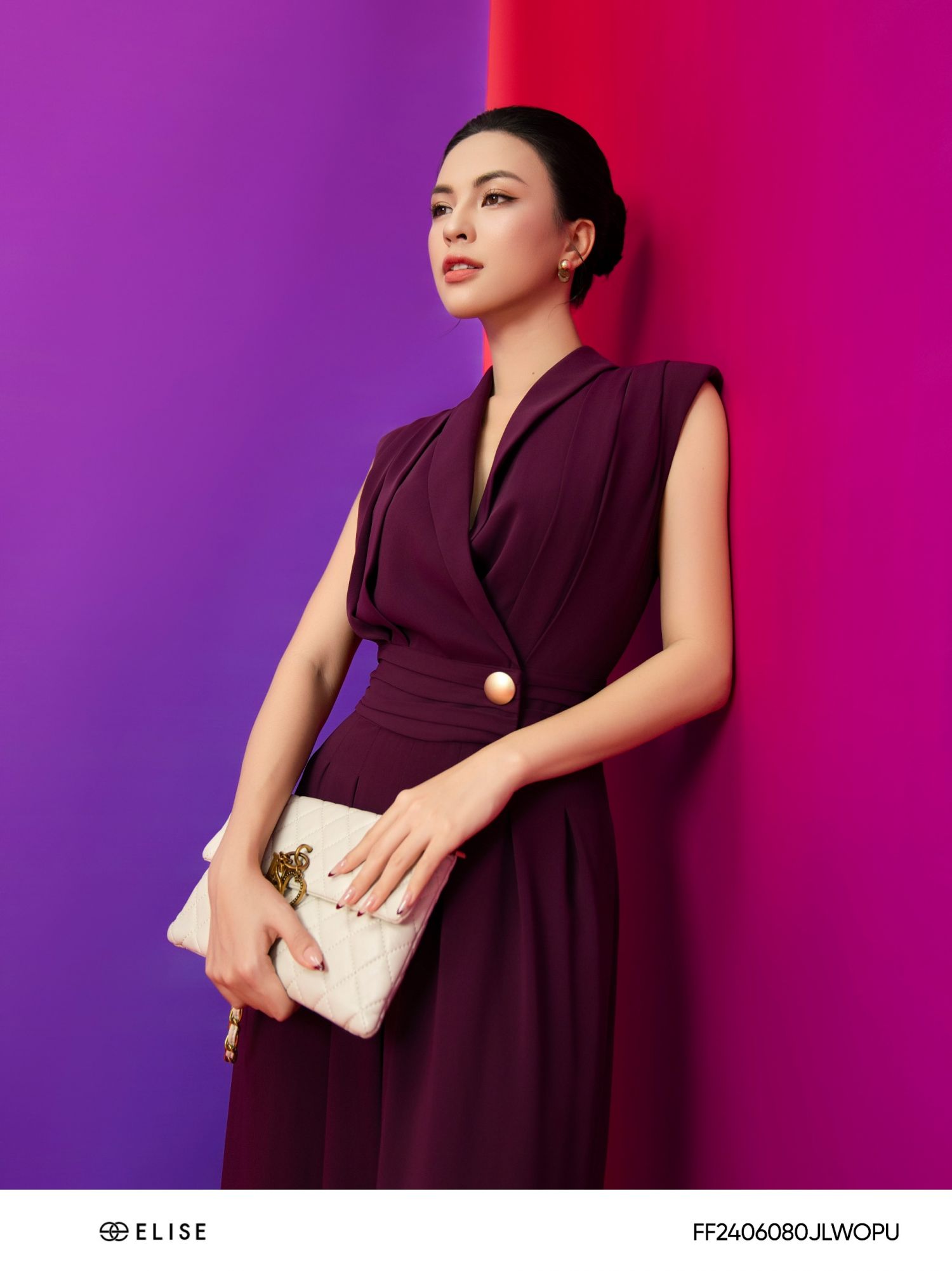 JUMPSUIT DÀI TÍM QUẦN SUÔNG XẾP NHÚN EO