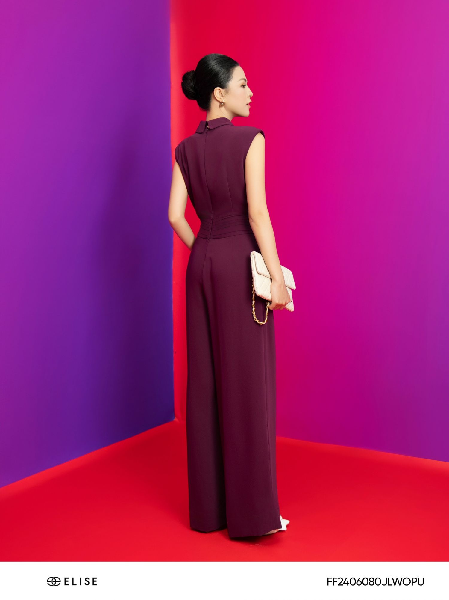 JUMPSUIT DÀI TÍM QUẦN SUÔNG XẾP NHÚN EO