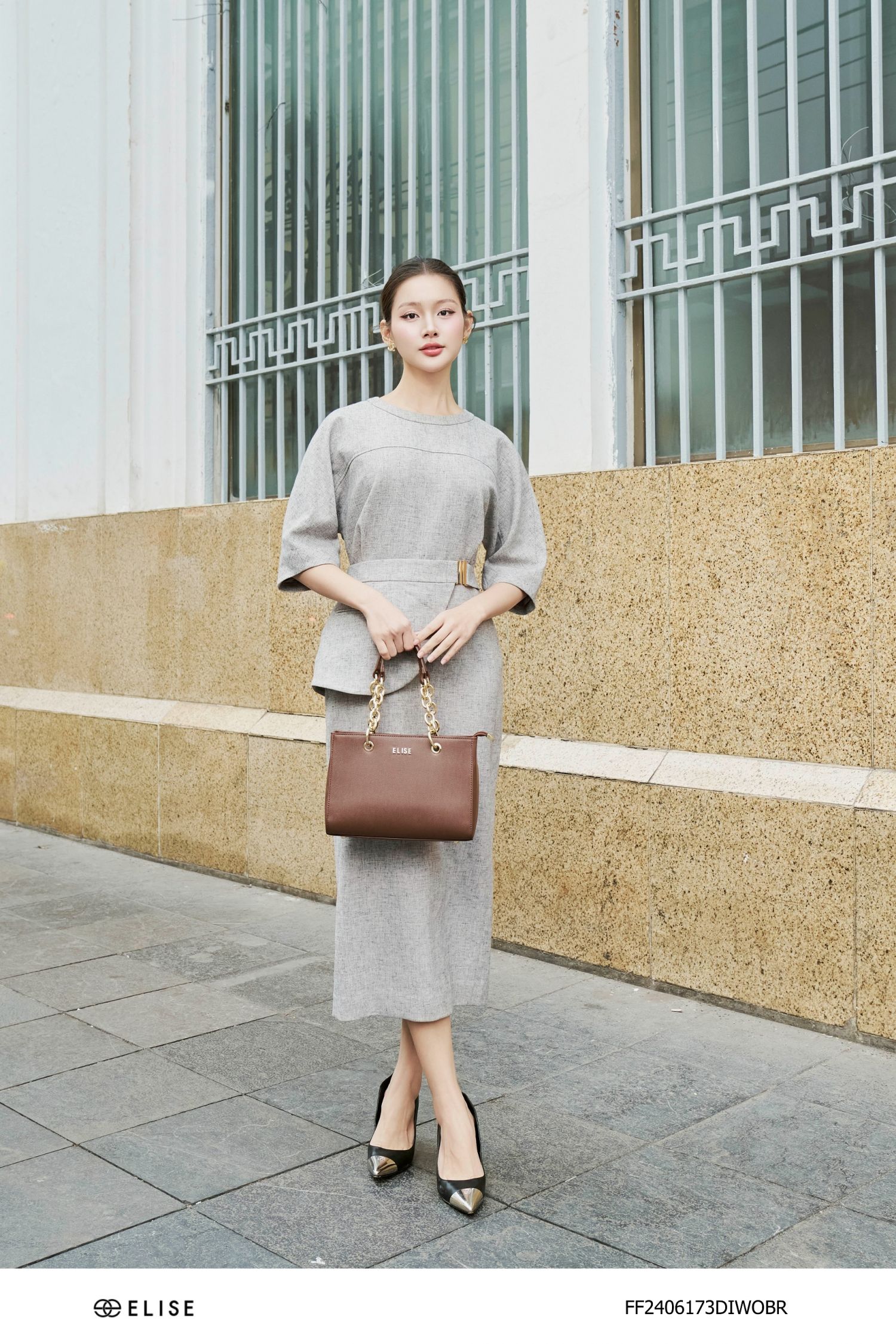 ĐẦM XƯỚC NÂU VÂN ĐEN VẠT EO