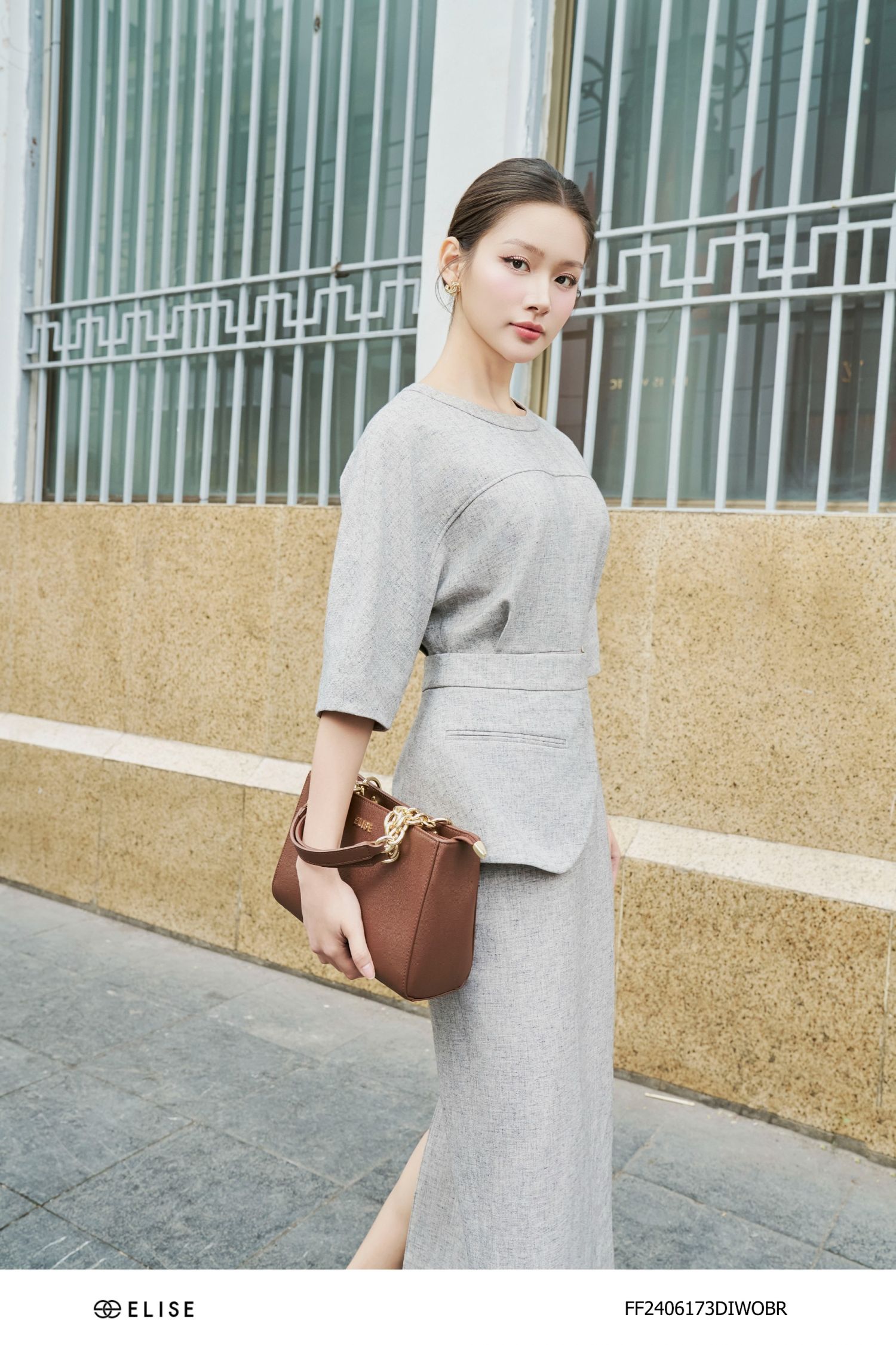ĐẦM XƯỚC NÂU VÂN ĐEN VẠT EO