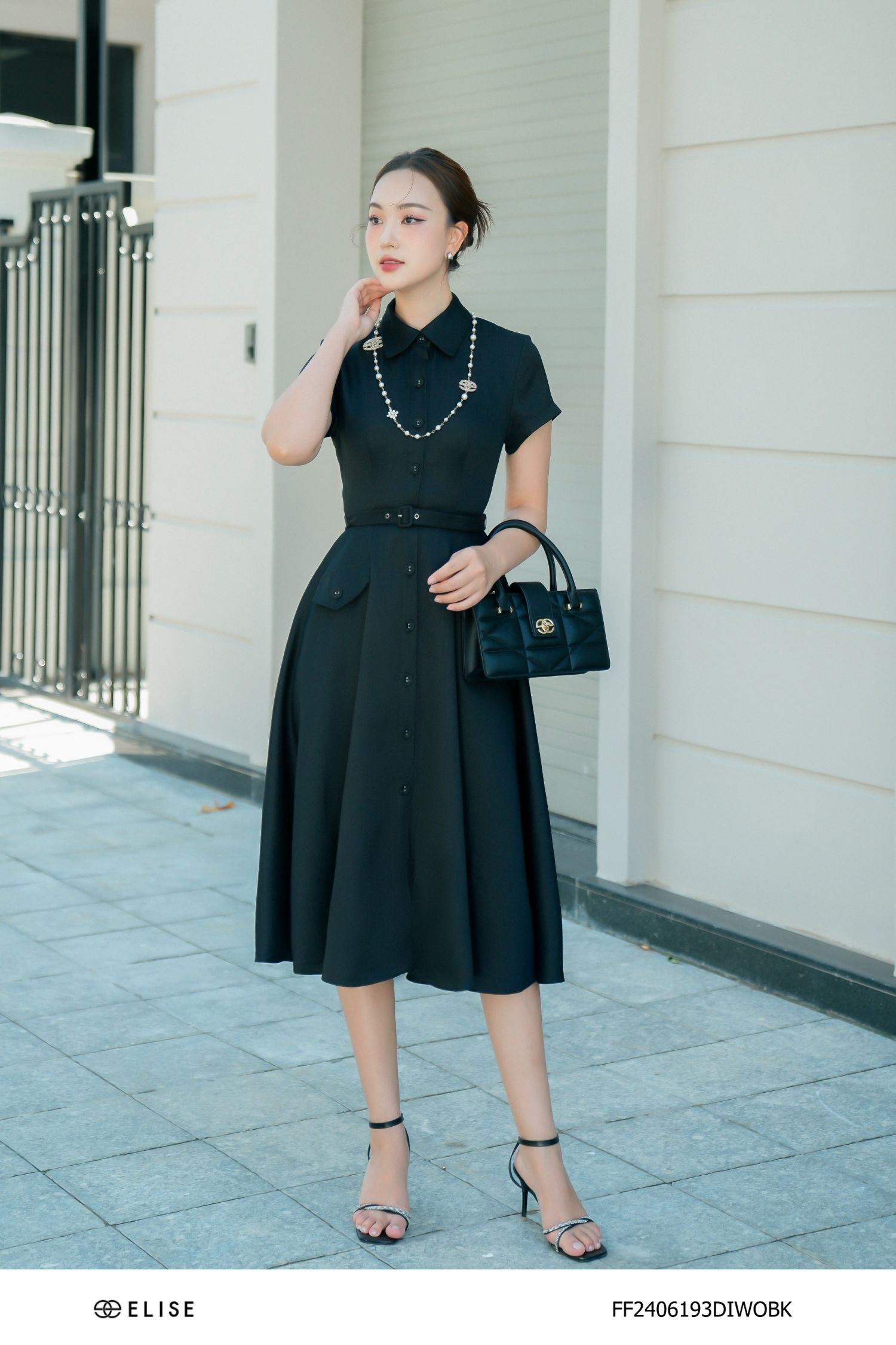 ĐẦM TWEED SỢI ĐEN CỔ ĐỨC ĐAI EO