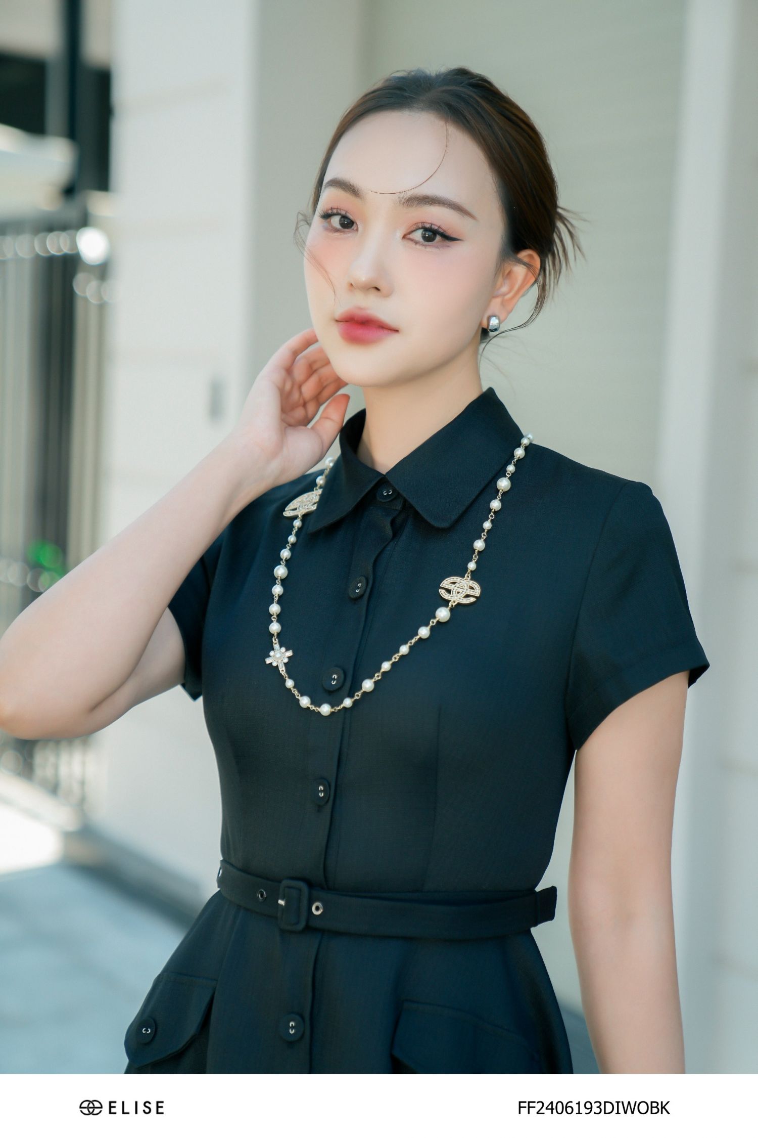 ĐẦM TWEED SỢI ĐEN CỔ ĐỨC ĐAI EO